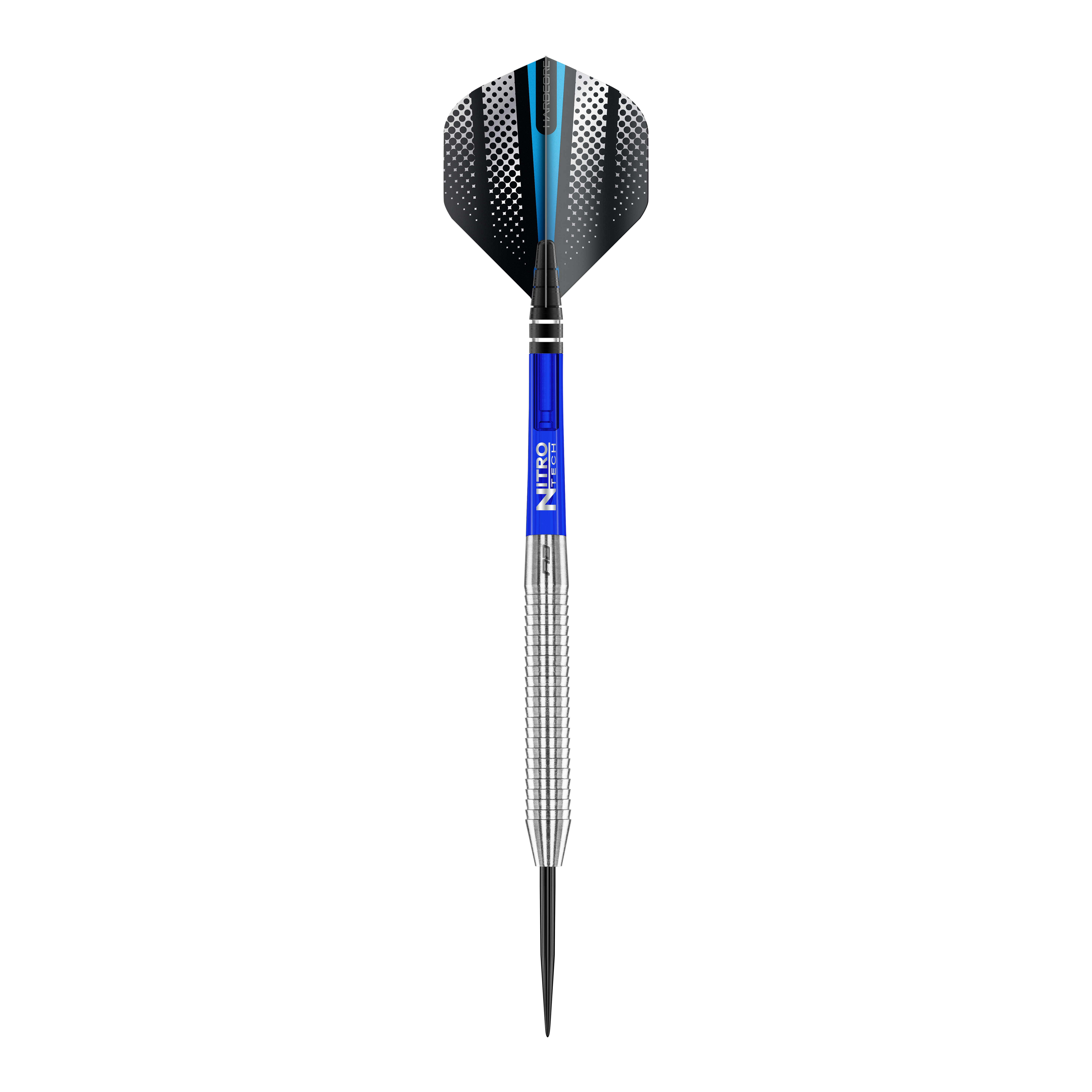 Red Dragon Razor Edge Original Steeldarts Das Bild zeigt einen Red Dragon Razor Edge Original Steeldart mit einem Gewicht von 24g. Der Dart hat einen silbernen, geriffelten Schaft, einen blauen Mittelteil und schwarze Flights mit weißen Punkten und einem blauen Streifen.