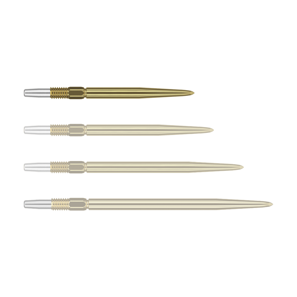Target Swiss Point Gold Dartspitzen Das Bild zeigt vier goldene Dartspitzen, die nebeneinander ausgerichtet sind. Die Spitzen haben ein silbernes Gewinde am Ende.