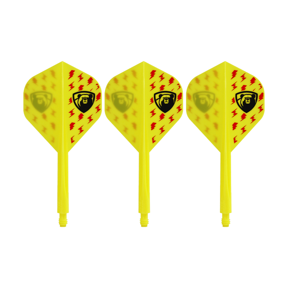 Condor AXE Thunderbolt Yellow Flight-System - Standard Auf dem Bild sind drei gelbe Dart-Flights mit roten Blitzsymbolen und einem schwarzen Bären-Logo zu sehen. Es handelt sich um das Produkt "Condor AXE Thunderbolt Yellow Flight-System - Standard".