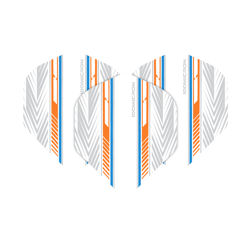 Voli Pentathlon bianchi/arancioni/blu Das Bild zeigt die Pentathlon White Orange Blue No2 Standard Flights. Sie sind weiß mit auffälligen orangefarbenen, blauen und grauen Linienmustern gestaltet.