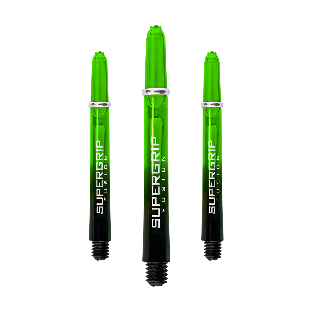 HR341_Harrows_Supergrip_Fusion_Shafts_Gr-n_47mm_1XMY3GL6M8kHdo Das Bild zeigt drei grüne Harrows Supergrip Fusion Shafts für Dartpfeile. Die Shafts sind durchsichtig und haben einen schwarzen unteren Teil mit weißer Aufschrift.