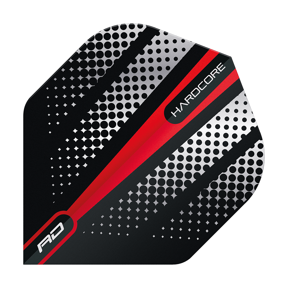 TF6512_Red_Dragon_Hardcore_Radical_Red_Flash_Standard_Flights_1ohF4E7aubaedc Das Bild zeigt ein Dart Flight mit einem modernen Design in Schwarz, Rot und Silber. Auf dem Flight stehen die Wörter "HARDCORE" und "RD".
