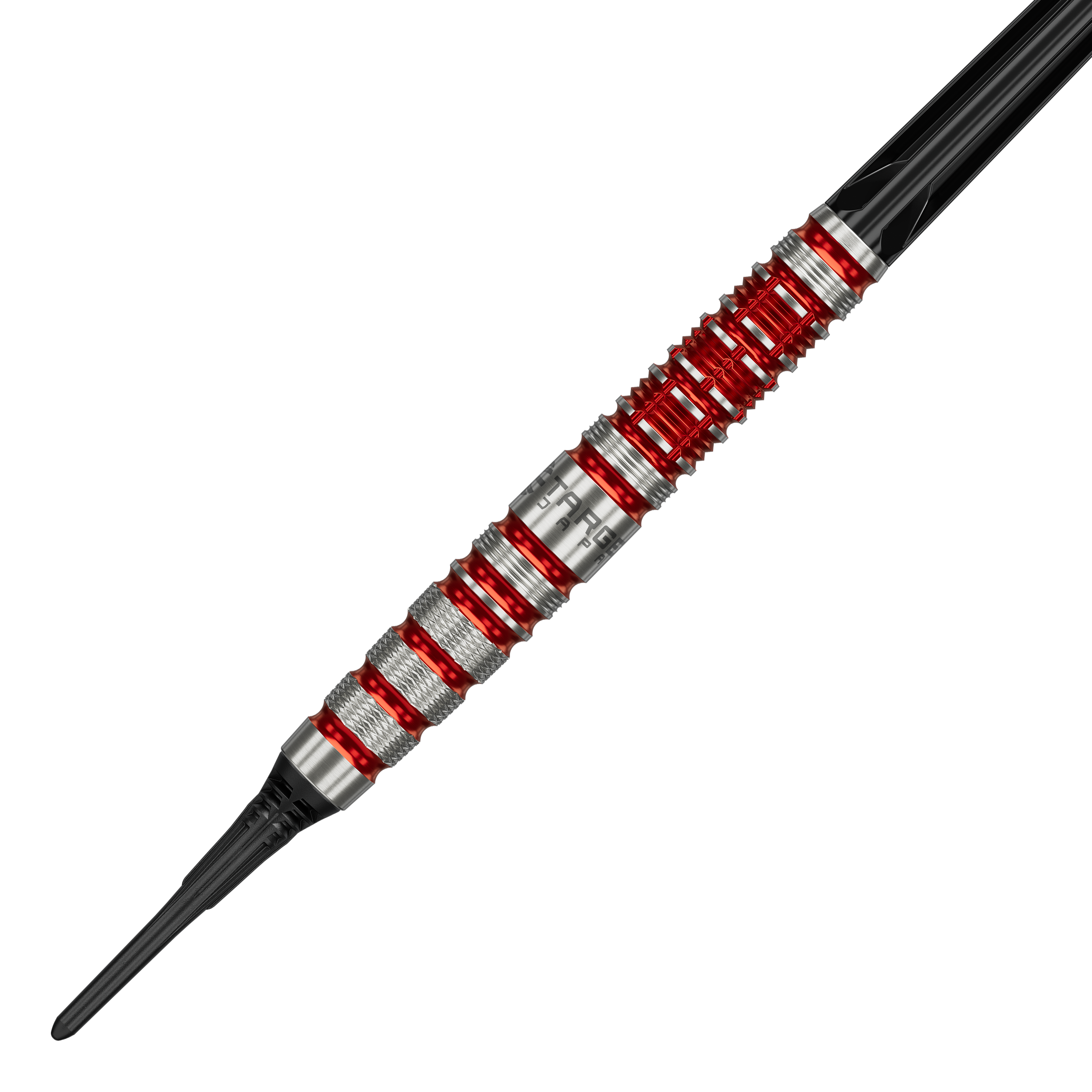 Target Black Marque Spinel Softdarts - 21,5g ist ein hochwertiger Softdart. Das Bild zeigt das schwarze Dartpfeil-Design mit markanten Elementen.