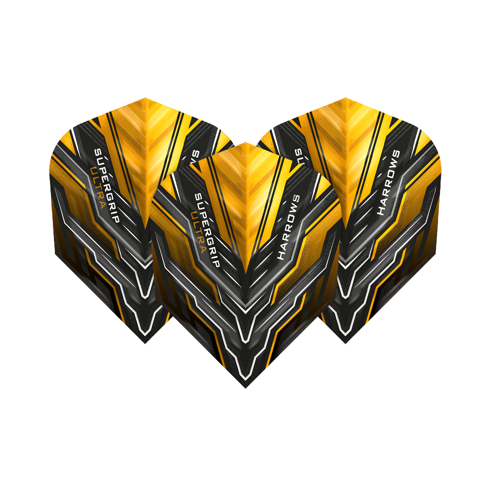 HR12_Harrows_Supergrip_Ultra_Sunset_Gold_Standard_Flights_1Cpvtdmbk5VoW5 Das Bild zeigt drei Dart-Flights mit dem Namen „Harrows Supergrip Ultra Sunset Gold Standard Flights“. Die Flights haben ein auffälliges Design in Gold, Schwarz und Silber mit grafischen Mustern und Schriftzügen.