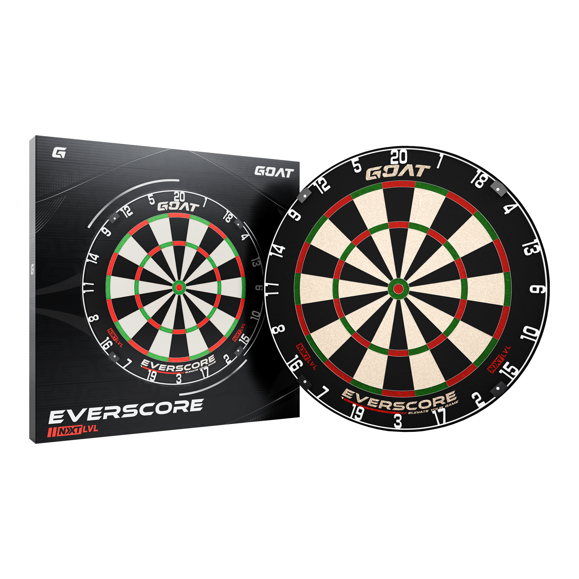 Diana de acero GOAT Everscore Das Bild zeigt das Produkt "GOAT Everscore Steeldartboard" zusammen mit seiner Verpackung. Das Dartboard hat ein klassisches Design mit schwarzen, weißen, roten und grünen Feldern.