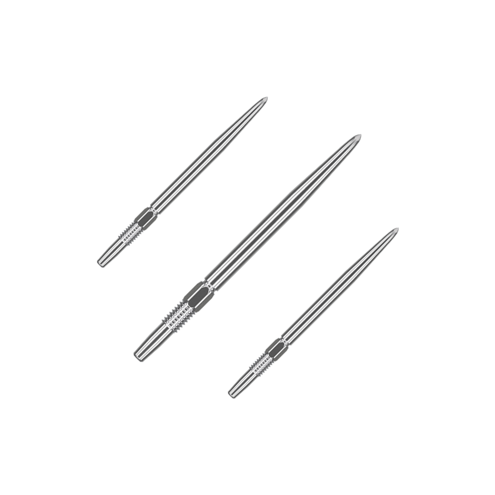 Puntas de dardos Target Swiss Point Silver Das Bild zeigt drei silberne Dartspitzen, die nebeneinander liegen. Sie sind lang und haben an einem Ende eine strukturierte Griffzone.