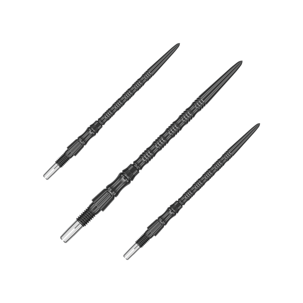 Abgebildet ist ein Set schwarzer Dartspitzen aus der SwissPoint Signature TRB Serie. Die Spitzen haben eine Länge von 42 mm.
