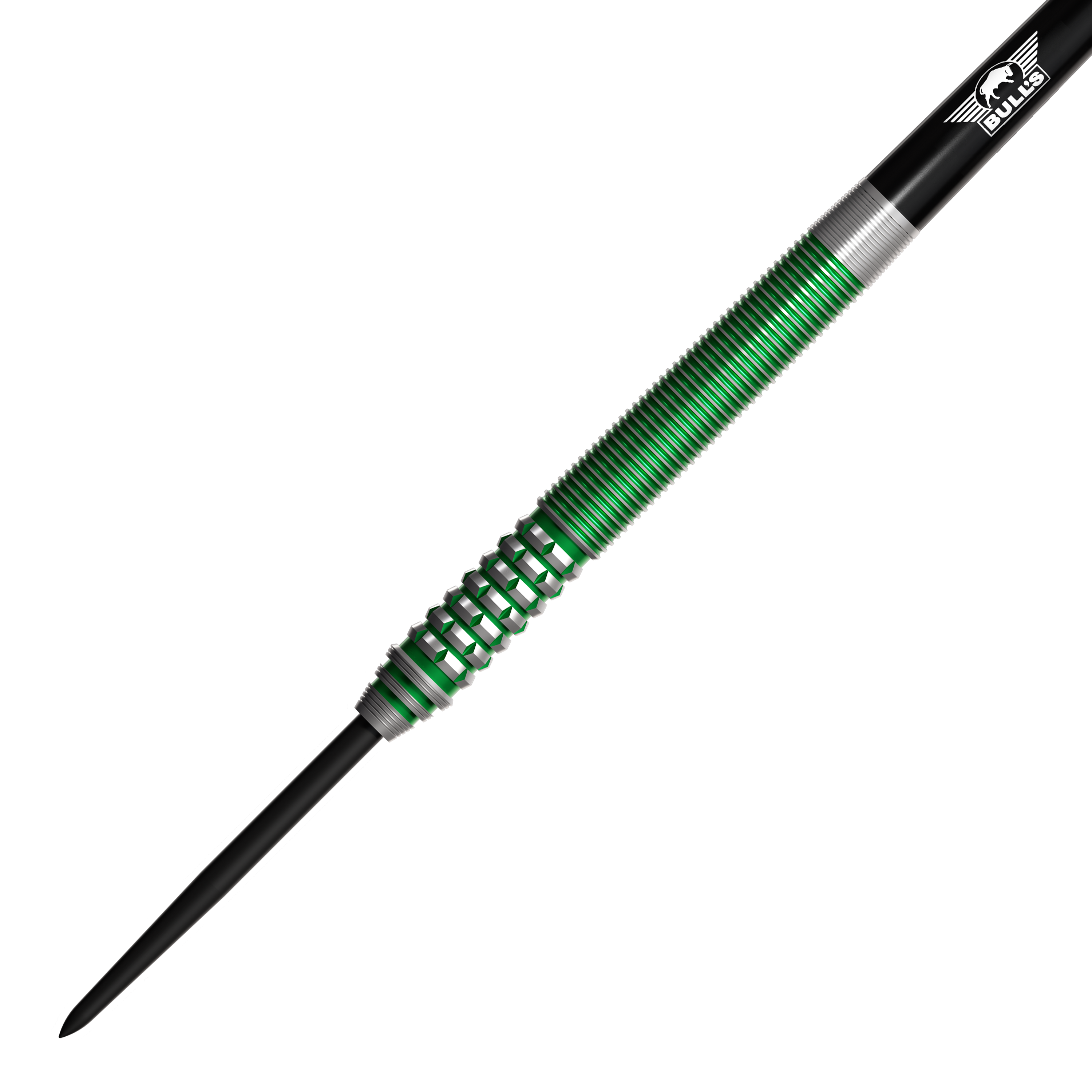 Dardos de acero Bulls NL Liam Maendl Lawrance - 23 g Der abgebildete Dart ist der "Bulls NL Liam Maendl Lawrance Steeldarts - 23g". Er hat ein grünes, geriffeltes Griffstück und eine schwarze Spitze.