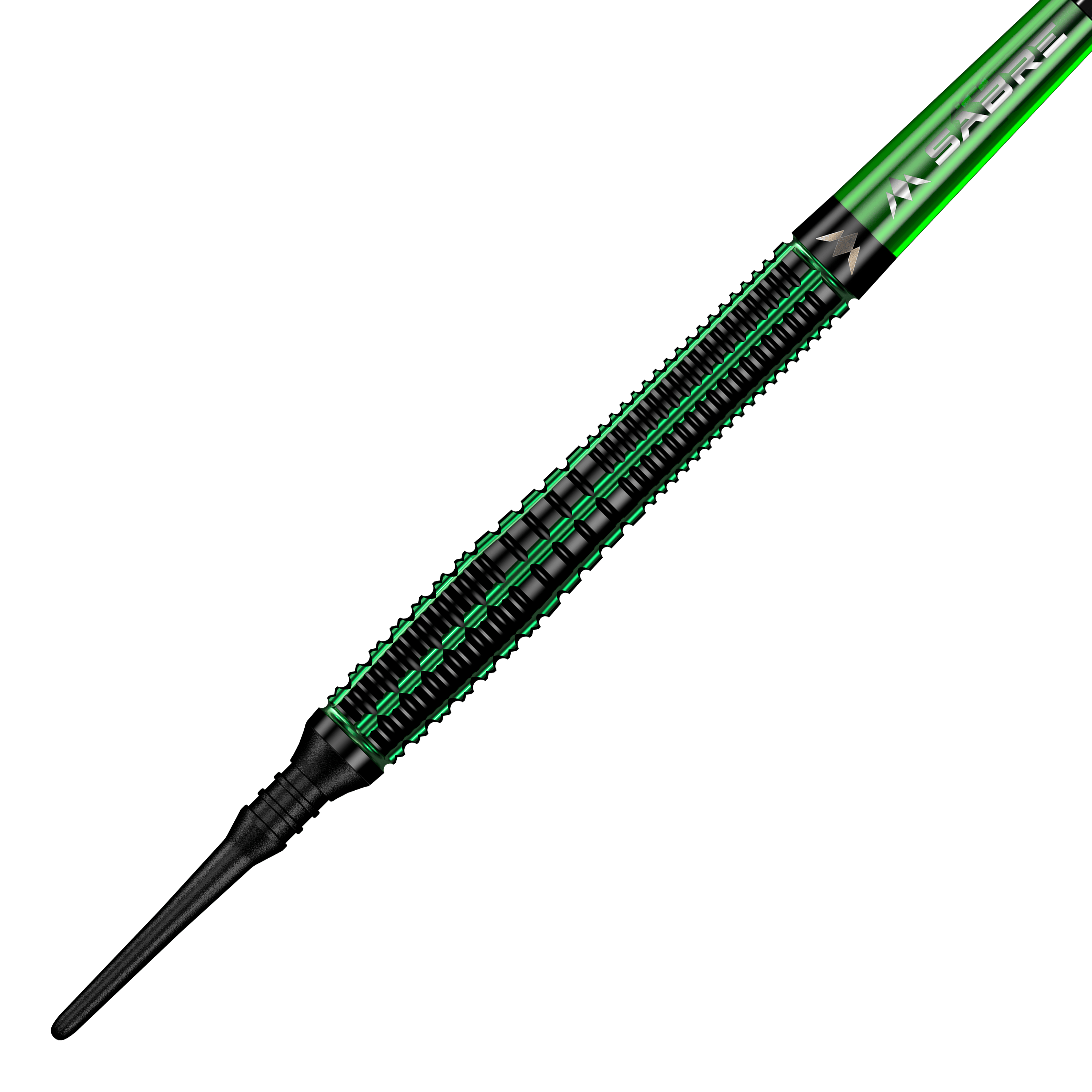 Šipky Mission Venom Softdarts - 20g Das Bild zeigt einen Mission Venom Softdart mit einem Gewicht von 20 Gramm. Der Dart ist überwiegend schwarz mit grünen Akzenten und einem schlanken Design.