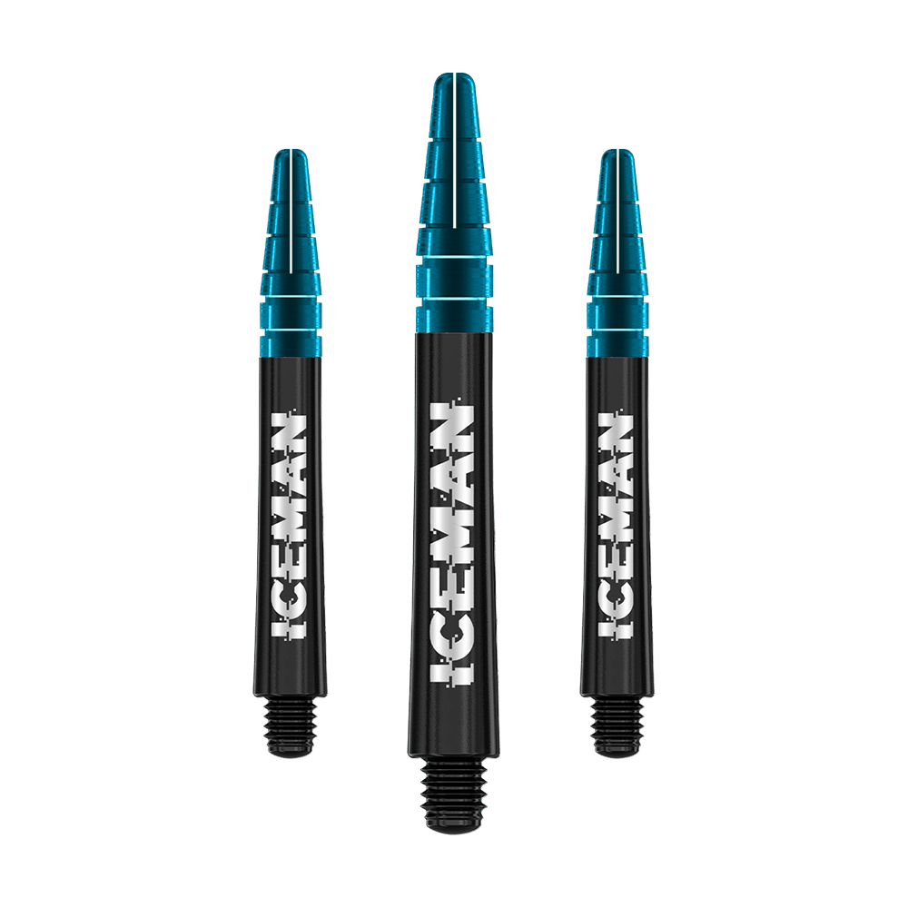 Das Bild zeigt drei schwarze Red Dragon Nitrotech Gerwyn Price Dartshafts mit blauem oberen Ende. Auf jedem Shaft steht das Wort "ICEMAN" in großen, weißen Buchstaben.