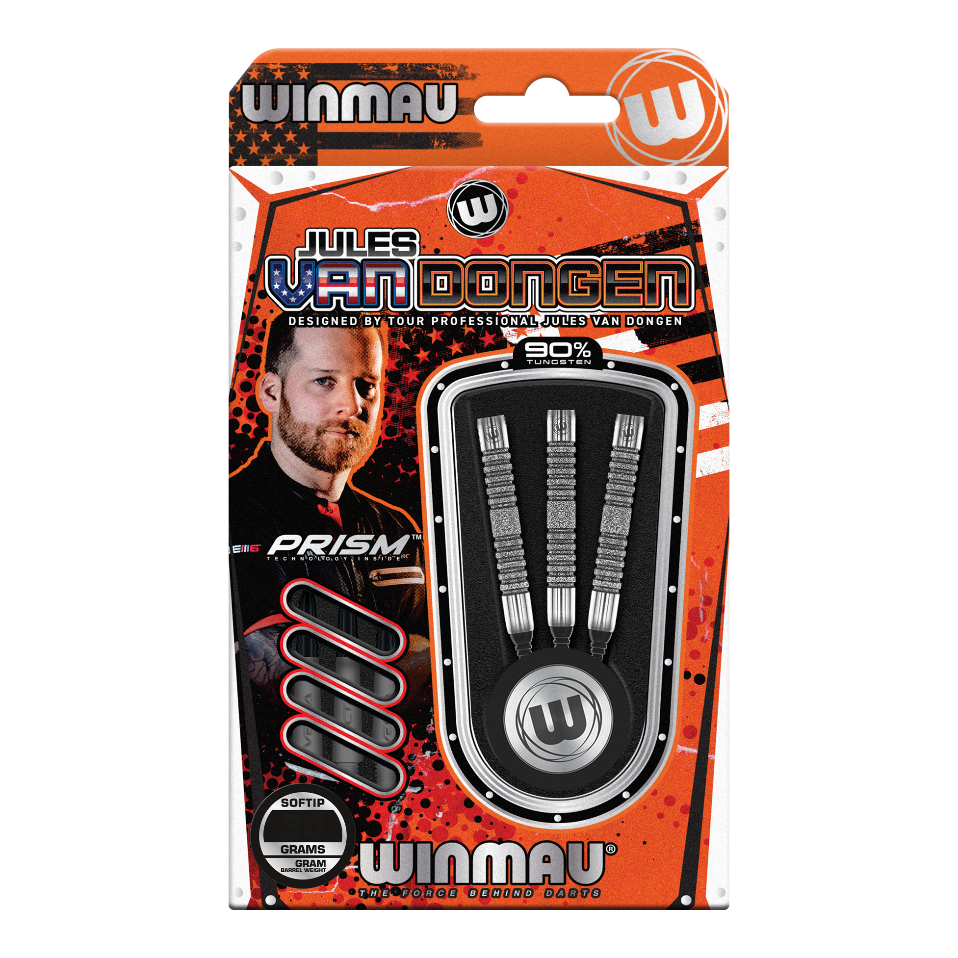 Dardos blandos Winmau Jules Van Dongen - 20g Das Bild zeigt eine Verpackung der "Winmau Jules Van Dongen Softdarts - 20g". In der Packung befinden sich drei Softdarts mit 90% Tungsten.