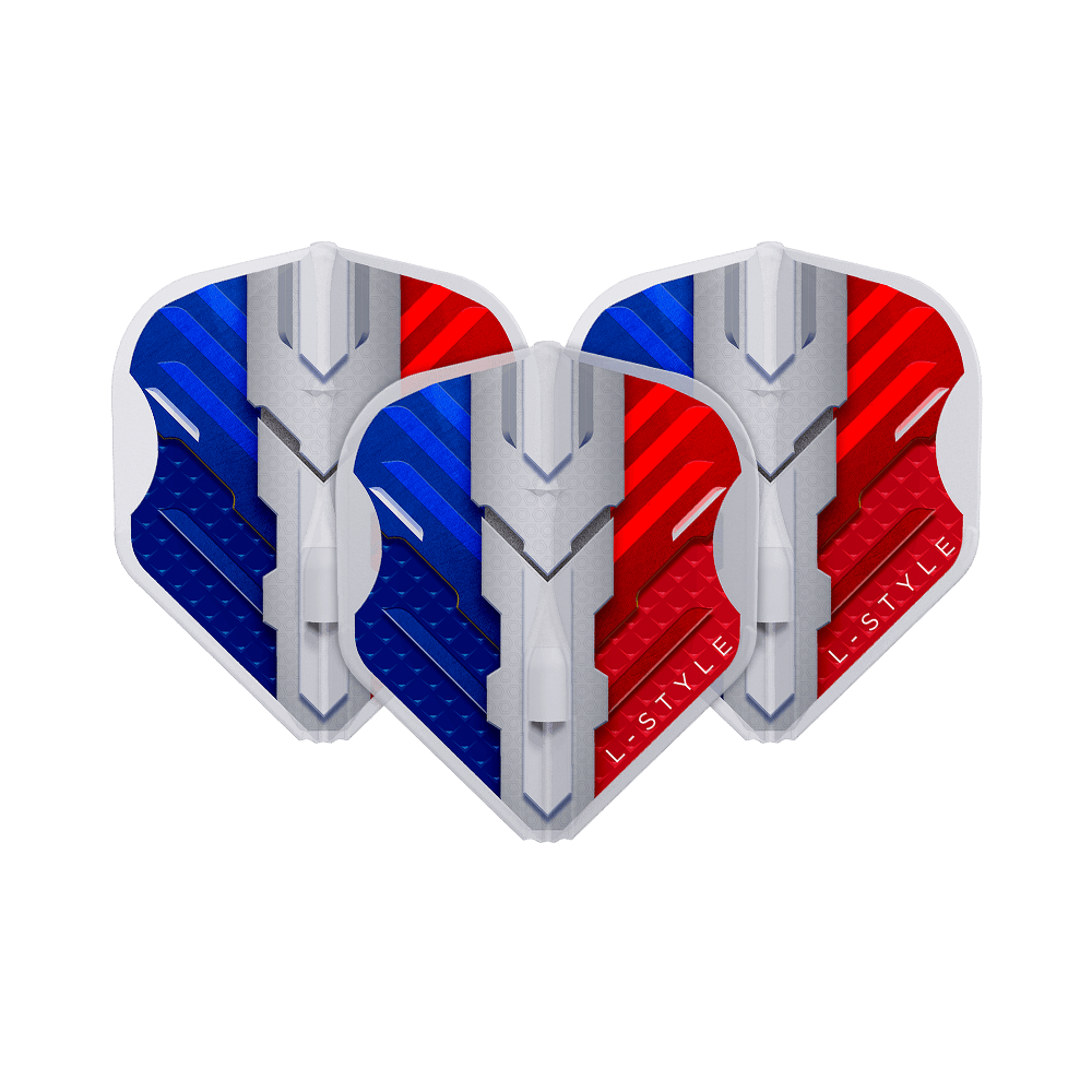 L-Style V-Series V1 Type B France Clear White L1EZ Flights Das Bild zeigt drei Dartflights in den Farben Blau, Weiß und Rot, die die französische Flagge darstellen. Auf den Flights steht der Markenname "L-Style" und sie haben ein modernes, technisches Design.