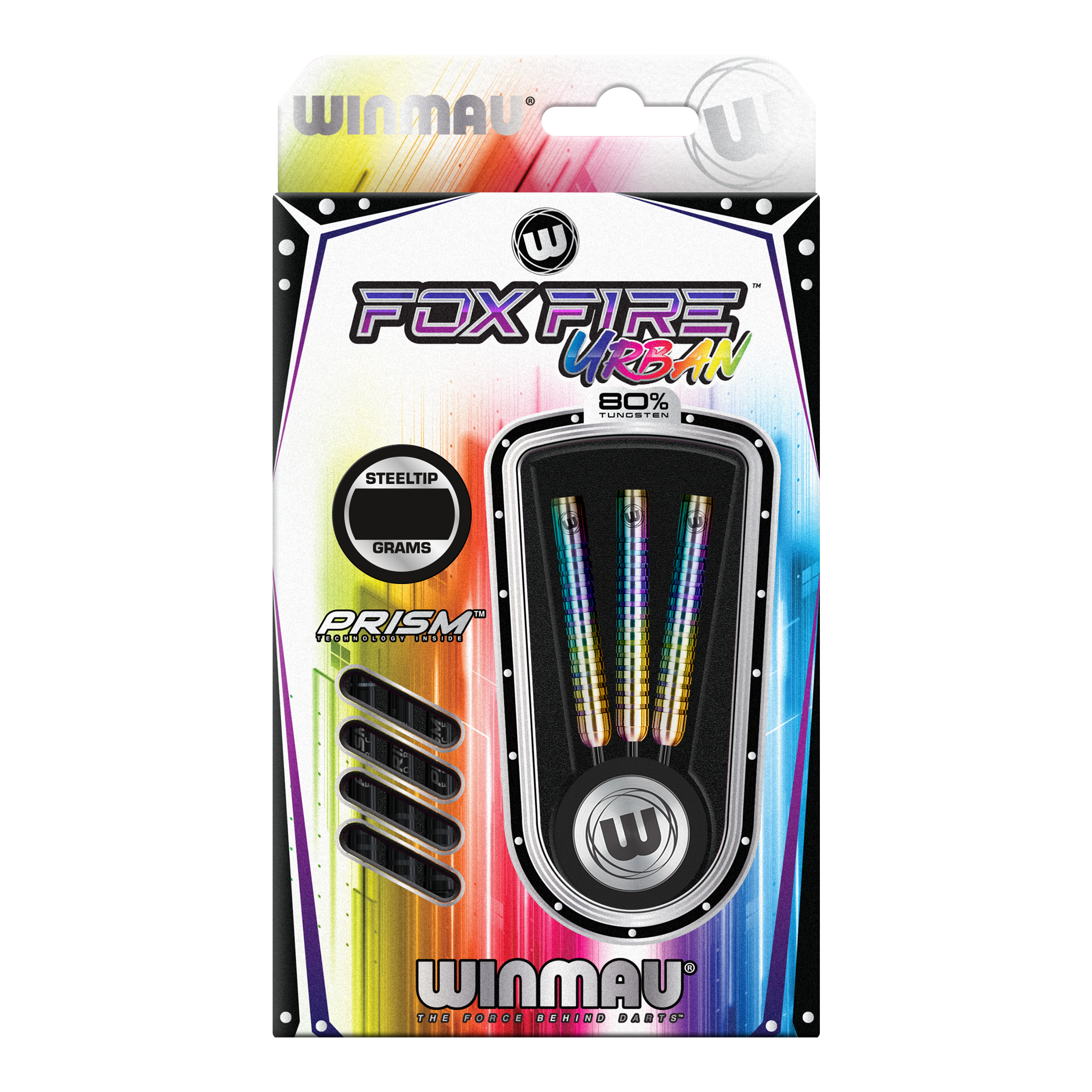 Ocelové šipky Winmau Foxfire Urban Das Bild zeigt die Verpackung der "Winmau Foxfire Urban Steeldarts". Die Darts haben ein buntes Design und bestehen zu 80 % aus Wolfram.