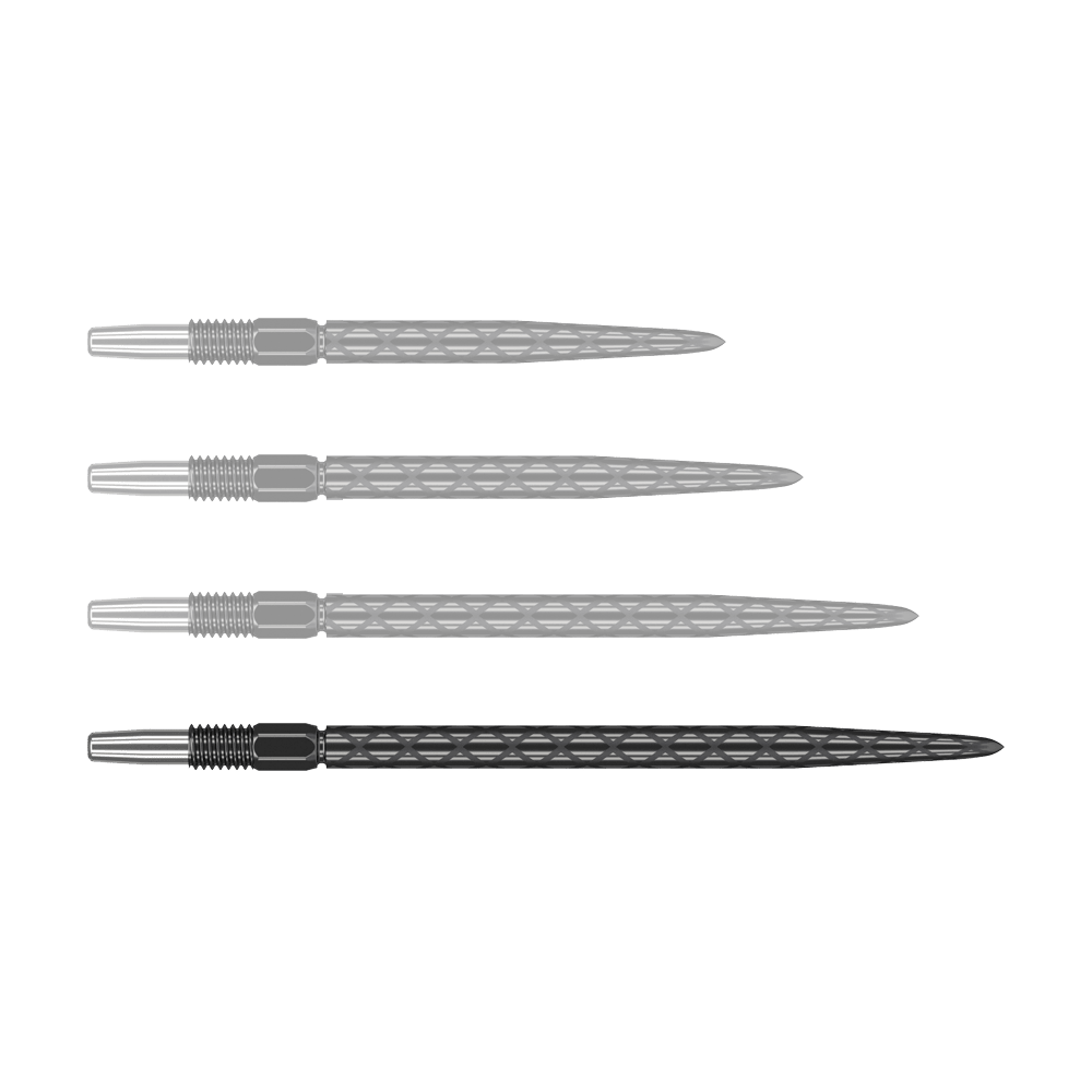Pointes de fléchettes Target Swiss Diamond Pro Black Points Auf dem Bild sind vier schwarze Dartspitzen mit einem diamantförmigen Muster zu sehen. Sie sind in einer waagerechten Reihe angeordnet.