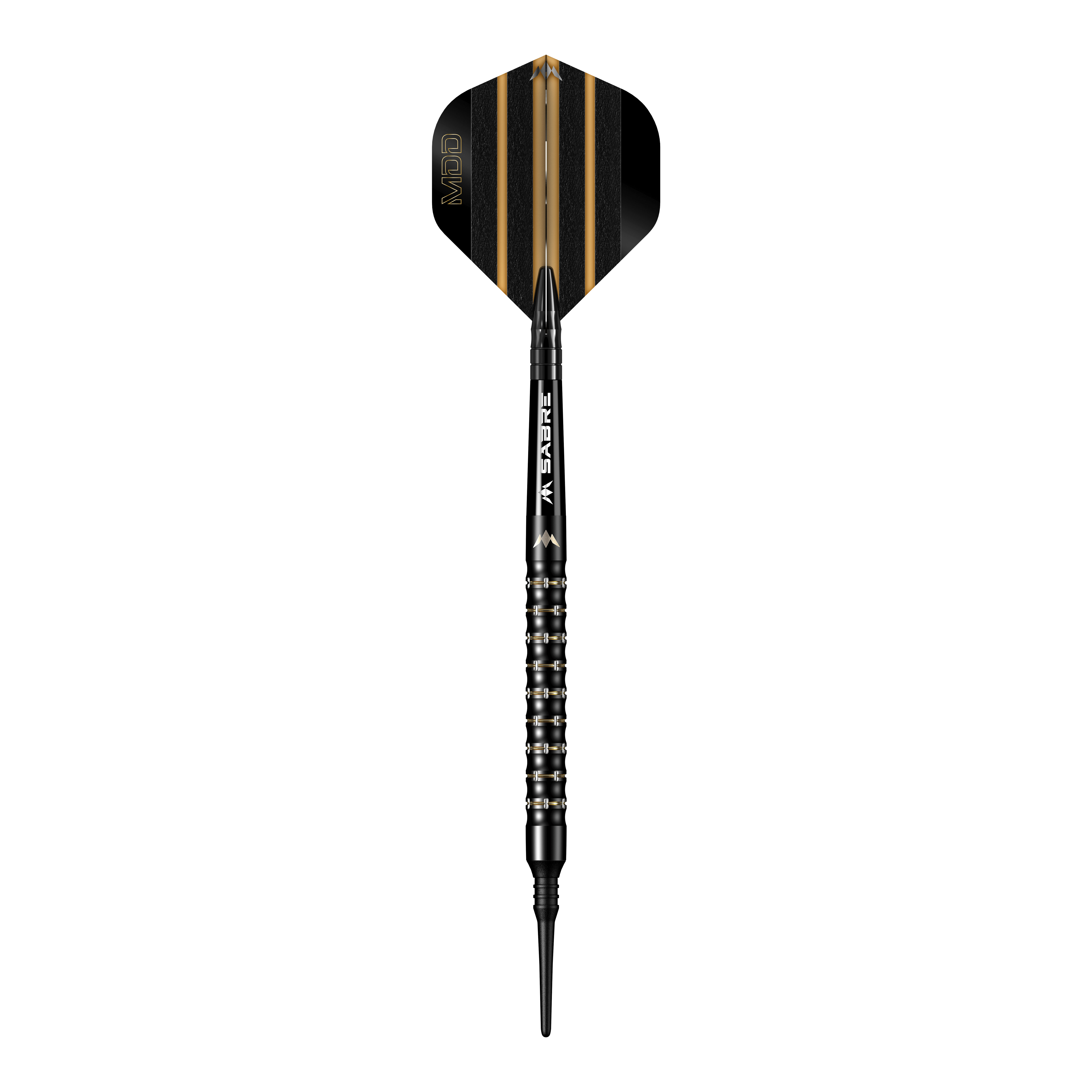 Das Bild zeigt einen Softdartpfeil namens "Mission Mike De Decker MDD Black Gold Softdarts - 20g". Der Pfeil ist schwarz mit goldenen Akzenten und hat eine schmale Spitze.