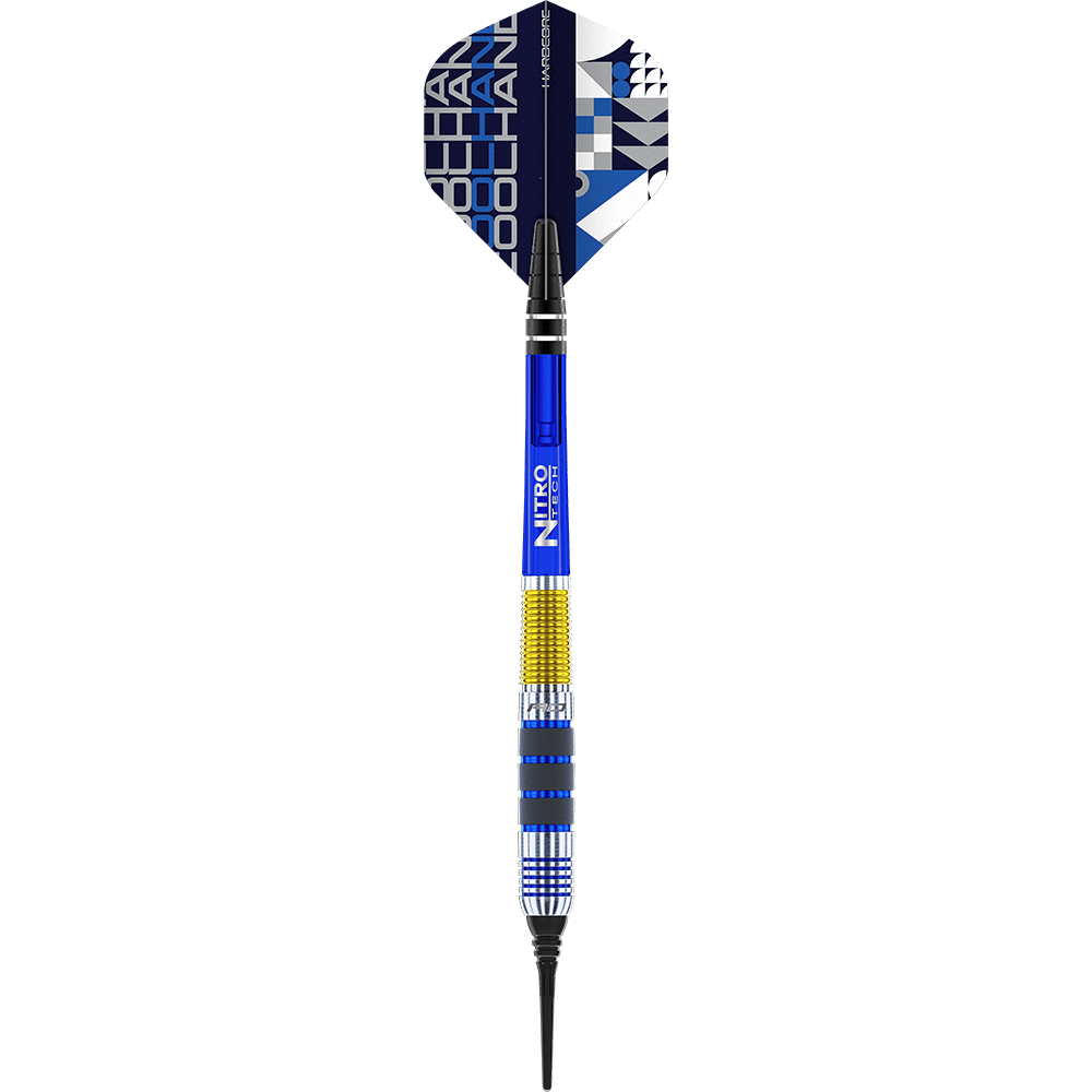 RD2402_Red_Dragon_Luke_Humphries_2021_Softdarts_1a8DkV1LeDUnrG Auf dem Bild ist ein Softdartpfeil des Modells "Red Dragon Luke Humphries" mit einem Gewicht von 20g zu sehen. Der Dart hat auffällige blaue, gelbe und silberne Farbakzente sowie ein modernes Flight-Design.