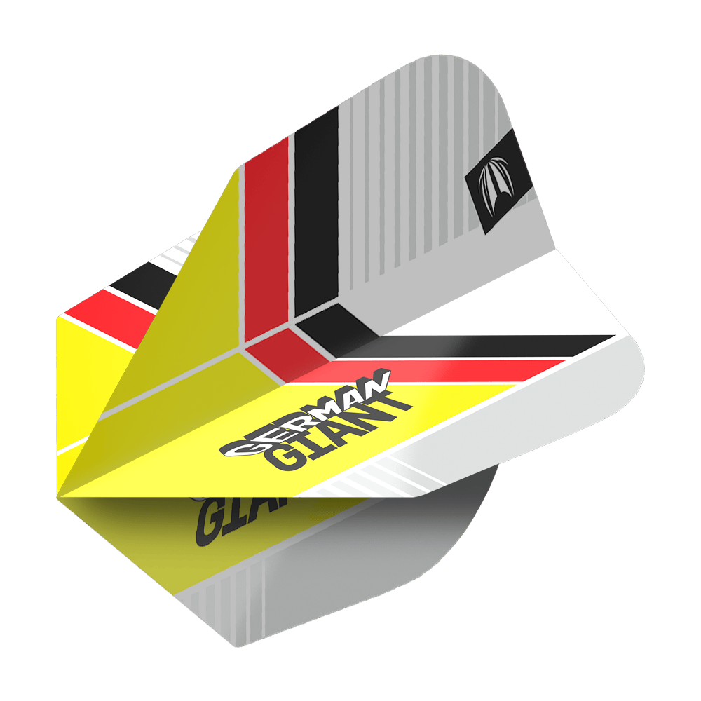 Target Pro Ultra Gabriel Clemens No6 Flights - 3 sady Das Bild zeigt das Produkt "Target Pro Ultra Gabriel Clemens No6 Flights - 3 Sets". Die Dart-Flights haben ein auffälliges Design mit den Farben Gelb, Rot, Schwarz und Weiß sowie dem Schriftzug "German Giant".