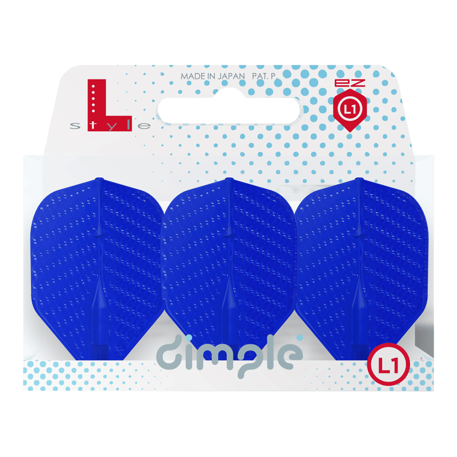 L-Style Flights Dimple Champagne L1EZ Standard Auf dem Bild sind drei blaue Dart-Flights in einer Verpackung zu sehen. Die Verpackung trägt die Aufschrift "dimple" und das Logo "L-style".