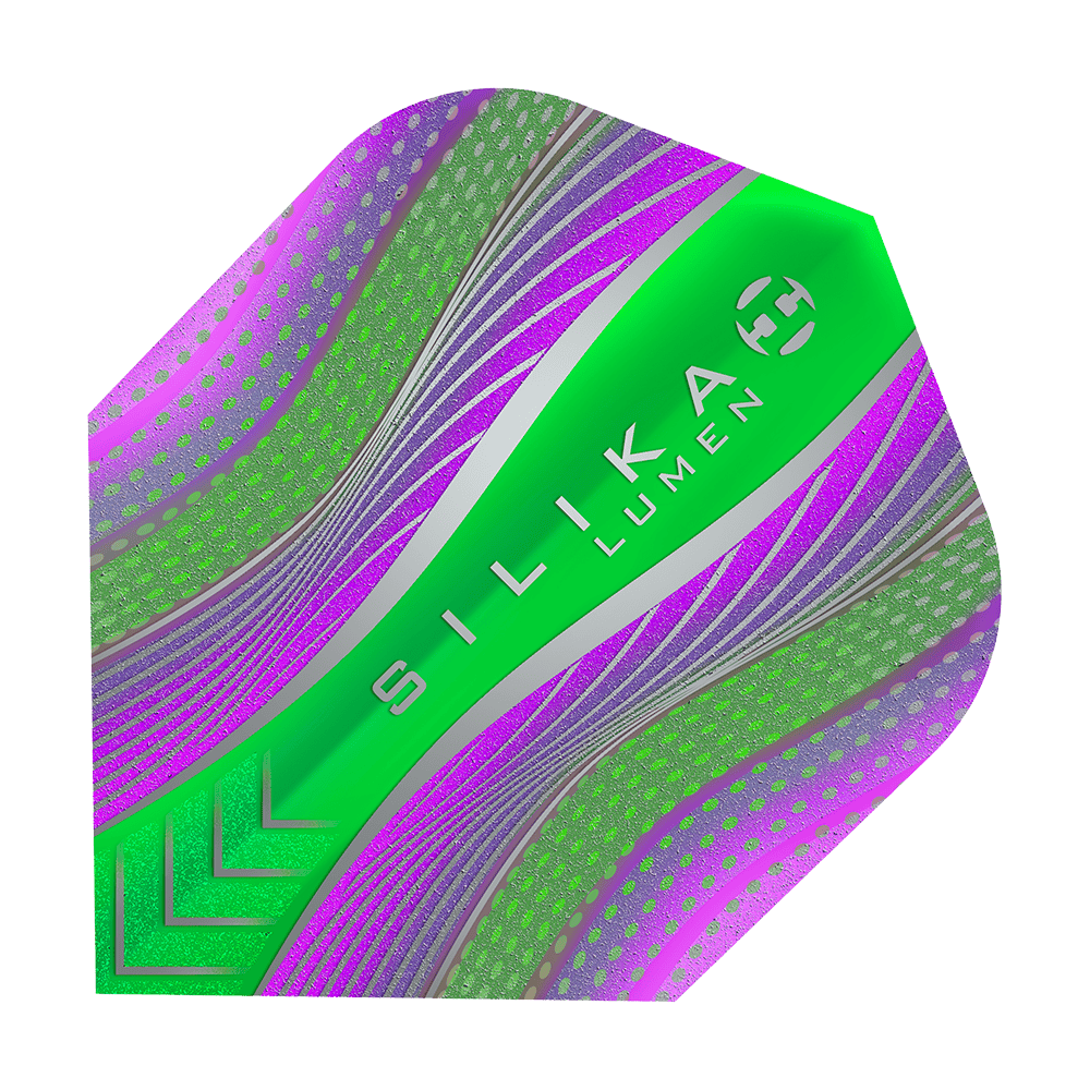 HF5125_Harrows_Silikia_Lumen_Purple_Green_No6_Flights_1 Das Bild zeigt das Produkt "Harrows Silika Lumen Purple Green No6 Flights". Das Flight ist überwiegend grün und lila mit futuristischen Mustern und dem Schriftzug "SILIKA LUMEN" in der Mitte.