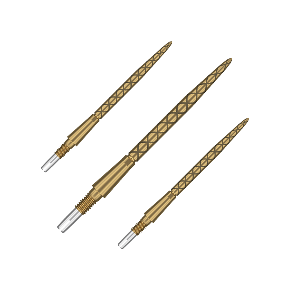 Target Swiss Storm Diamond Point Dartspitzen - Gold Das Bild zeigt drei goldene Dartspitzen mit einem rautenförmigen Muster. Sie sind länglich und haben eine silberne Spitze zum Werfen.