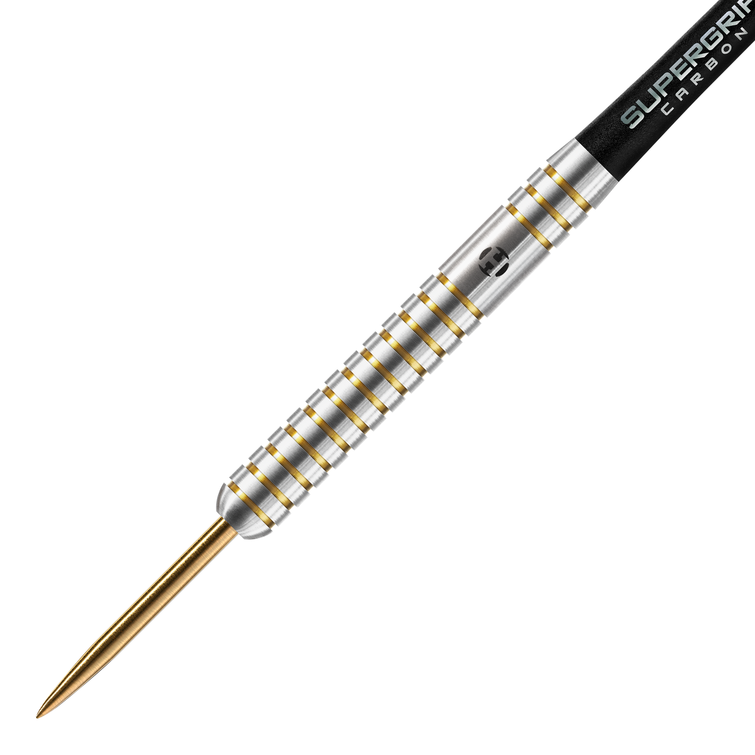 Harrows Anniversary Edition Původní Steeldarts Das Bild zeigt einen Harrows Anniversary Edition The Original Steeldart. Der Dartpfeil hat ein silbernes Barrel mit goldenen Rillen und einer goldenen Spitze.