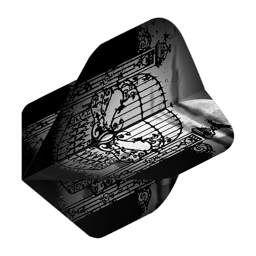 Alchemy Abandon All Hope No2 Standard Flights Das Bild zeigt einen Dartflight mit einem kunstvollen, schwarzen Tor-Design vor einem Vollmond. Die Farben sind hauptsächlich schwarz und grau gehalten, was dem Flight ein mystisches Aussehen verleiht.