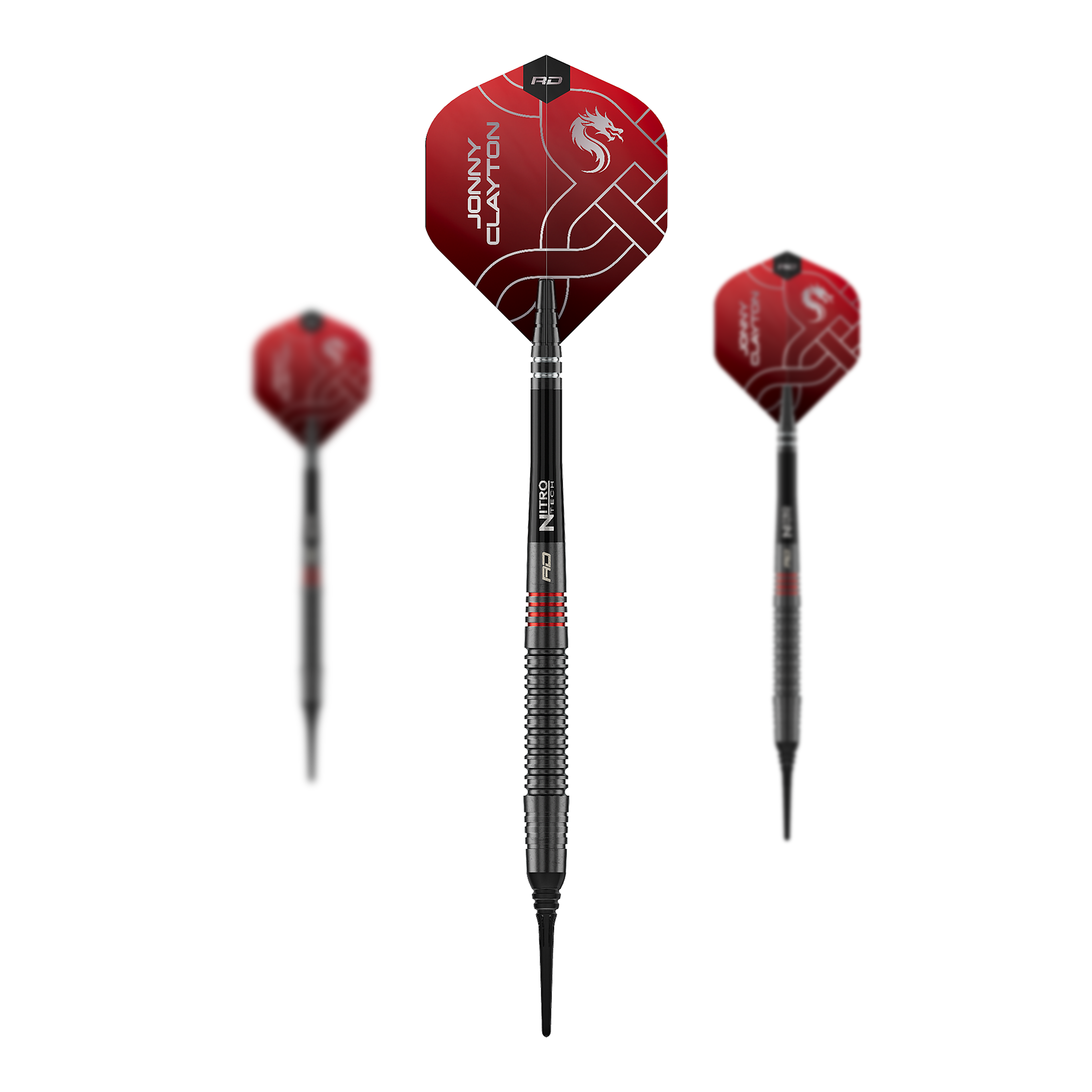 Red Dragon Jonny Clayton RD-ADV Softdarts - 18g Auf dem Foto ist das Set der Red Dragon Jonny Clayton RD-ADV Softdarts - 18g zu sehen. Drei Softdarts liegen nebeneinander als Set.