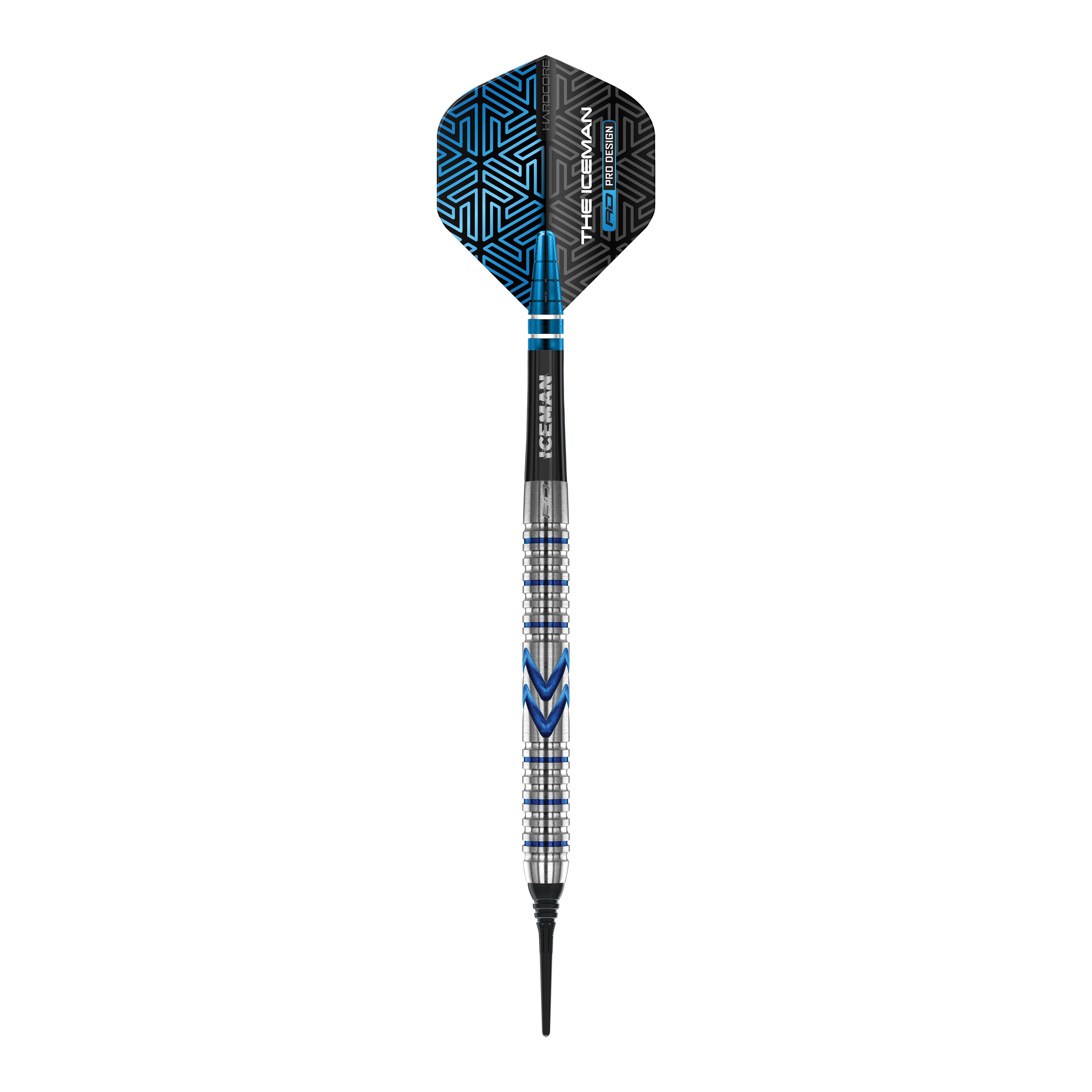 Šipky Red Dragon Gerwyn Price Iceman Midnight Edition měkké - 20g Der abgebildete Softdart ist der "Red Dragon Gerwyn Price Iceman Midnight Edition" mit einem Gewicht von 20g. Er hat ein modernes Design mit silbernen und blauen Akzenten sowie einer schwarzen Flights mit blauen Mustern.