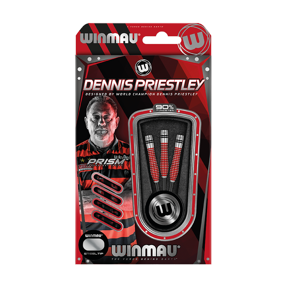 1436_Winmau_Dennis_Priestley_Special_Edition_2019_Steeldarts_3 Die Abbildung zeigt die "Winmau Dennis Priestley Special Edition Steeldarts" im Originalverpackung. Auf der Verpackung ist ein Bild von Dennis Priestley und die enthaltenen Darts zu sehen.