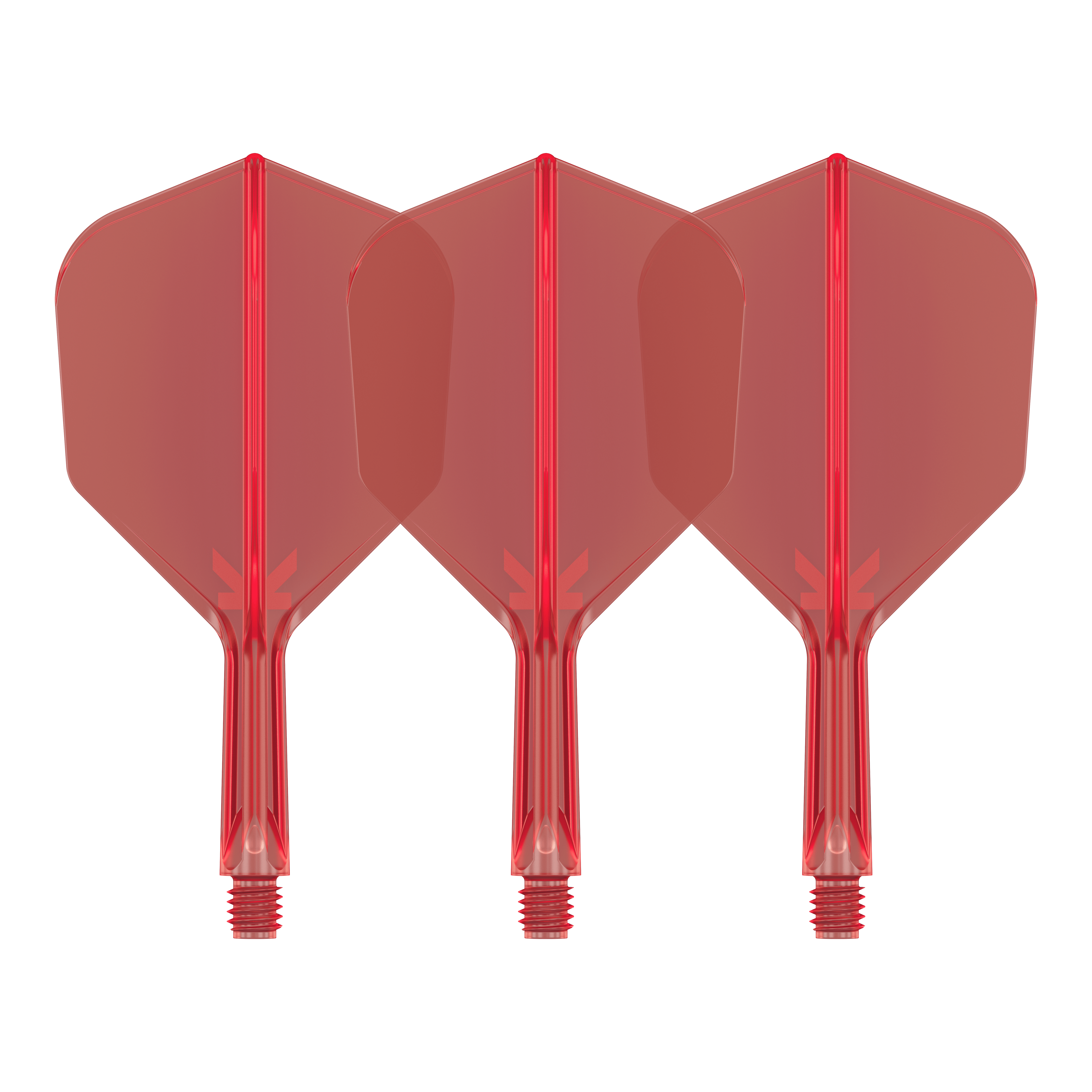 Système de vol Target K-Flex No6 - Rouge Auf dem Bild sind drei rote Dart-Flights mit Shafts zu sehen. Sie sind identisch und stehen nebeneinander auf weißem Hintergrund.