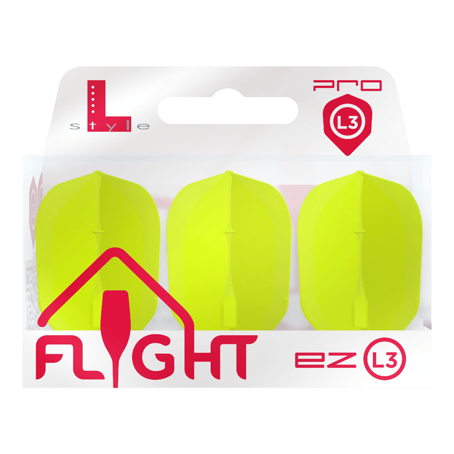 L-L-Style3EZ Flights Das Bild zeigt eine Packung mit drei neon-gelben Dart-Flights der Marke L-Style. Auf der Verpackung steht „FLIGHT ez L3 Pro“.