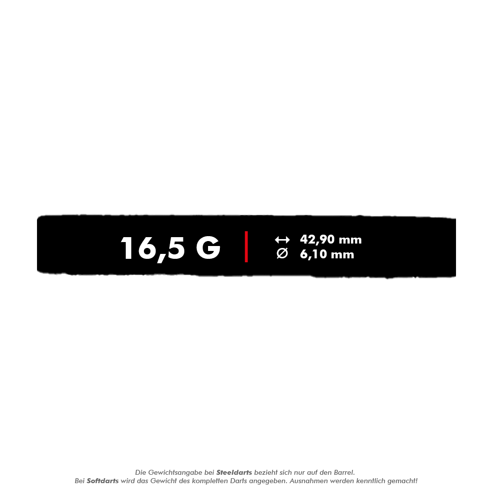 Dardos blandos McDart 85 Tungsten V16 - 16,5 g Das Bild zeigt die Eigenschaften des Produkts "McDart 85er Tungsten V16 Softdarts - 16,5g". Angegeben sind das Gewicht von 16,5 Gramm, eine Länge von 42,90 mm und ein Durchmesser von 6,10 mm.