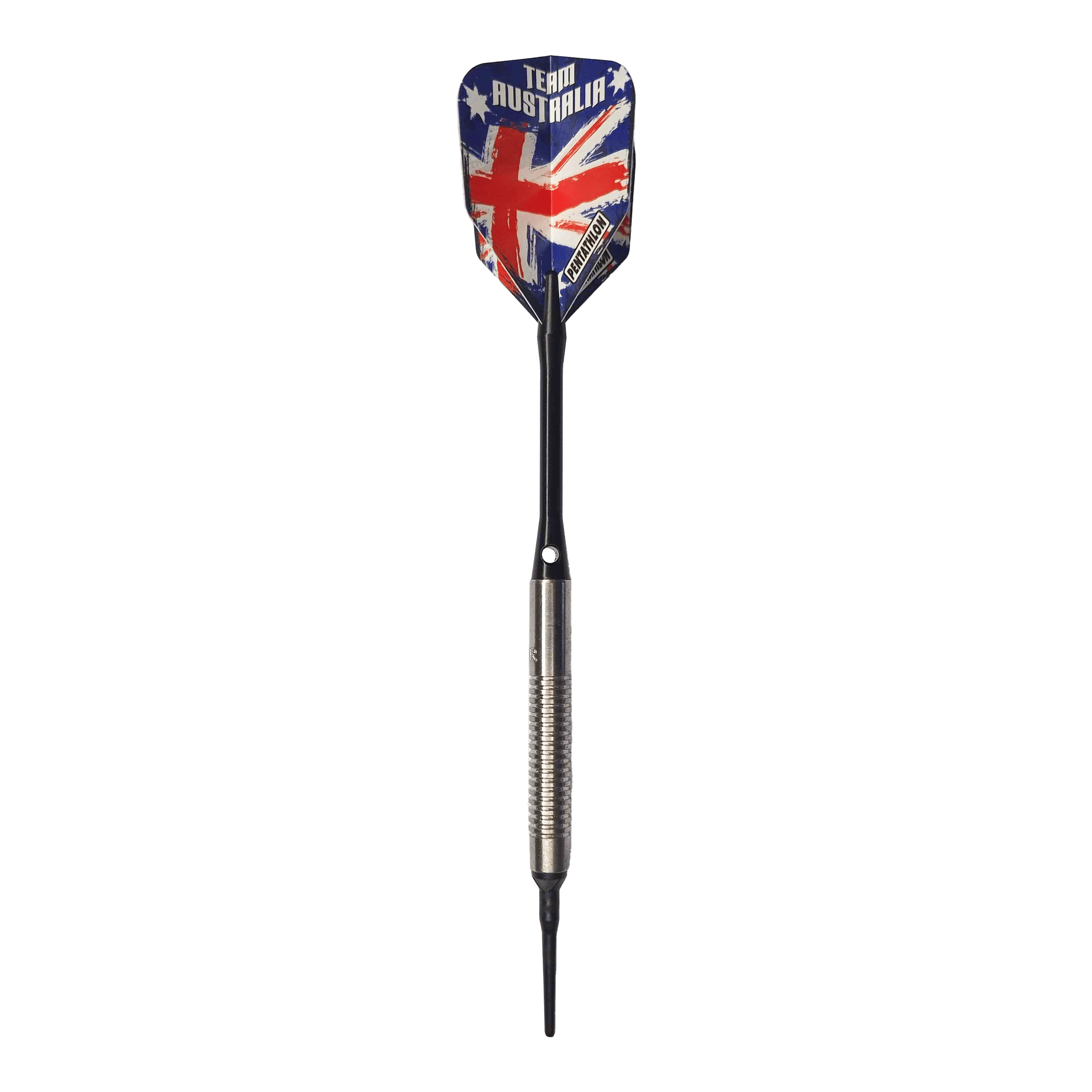 Dardos blandos McDart 85 Tungsten V8 - 18,5 g Auf dem Bild ist ein Softdart mit einer silbernen Griffzone und langer schwarzer Spitze zu sehen. Die Dart-Flügel zeigen das Design der australischen Flagge mit der Aufschrift "TEAM AUSTRALIA".