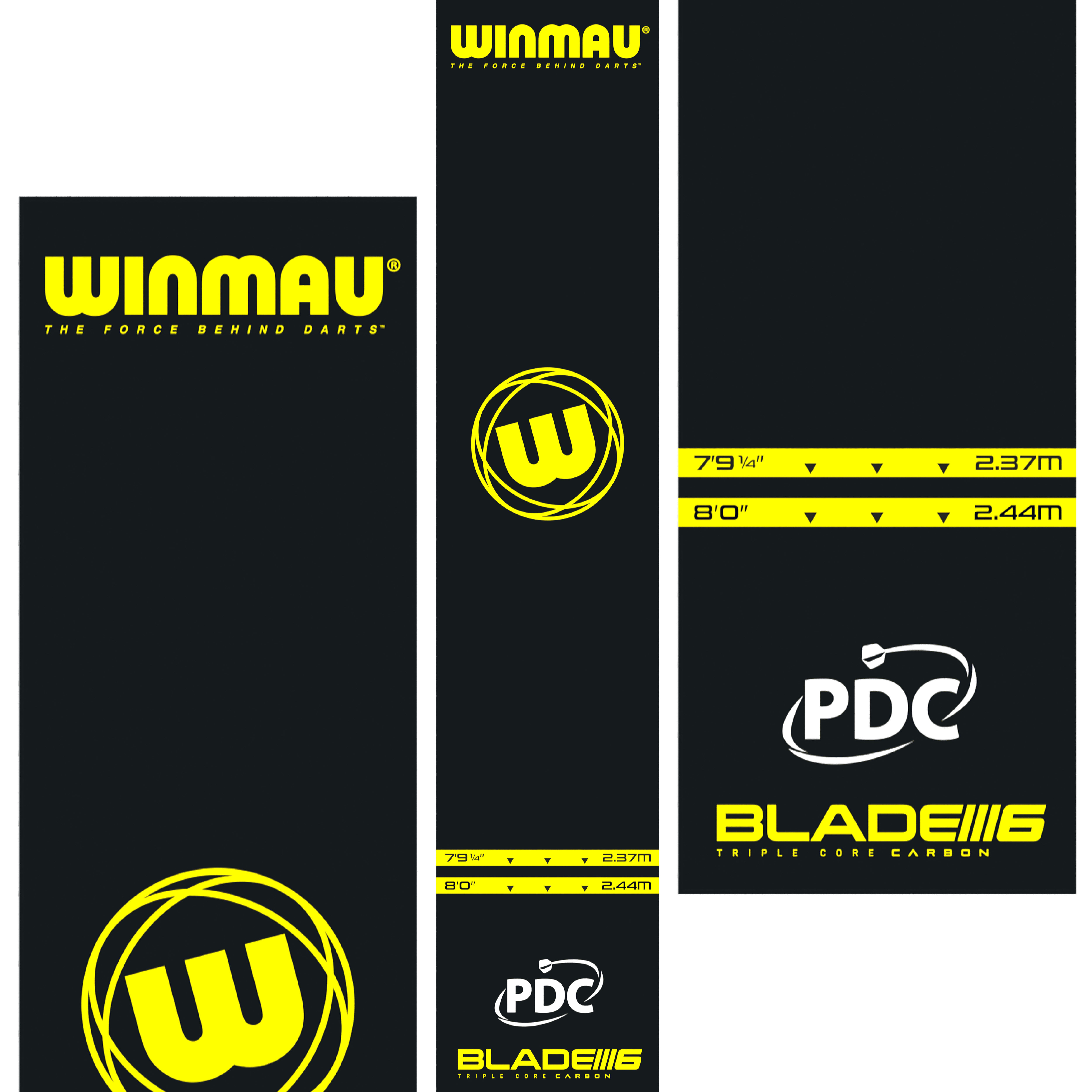 Tappetino per freccette in PVC Winmau Pro-Zone Essential Das Bild zeigt die Winmau Pro-Zone Essential PVC Dartmatte mit auffälligen gelben Logos und Markierungen. Die Matte zeigt Abwurflinien in den Längen 2,37 m und 2,44 m sowie die Logos von Winmau, PDC und Blade 6.