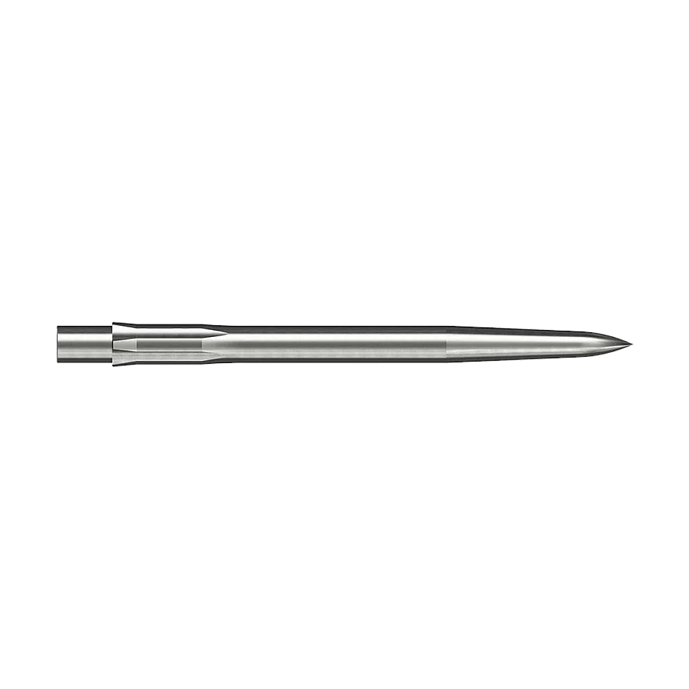 Dies ist eine silberne, glatte Steeldartspitze. Sie hat eine Länge von 32 mm und ist schlank und spitz geformt.