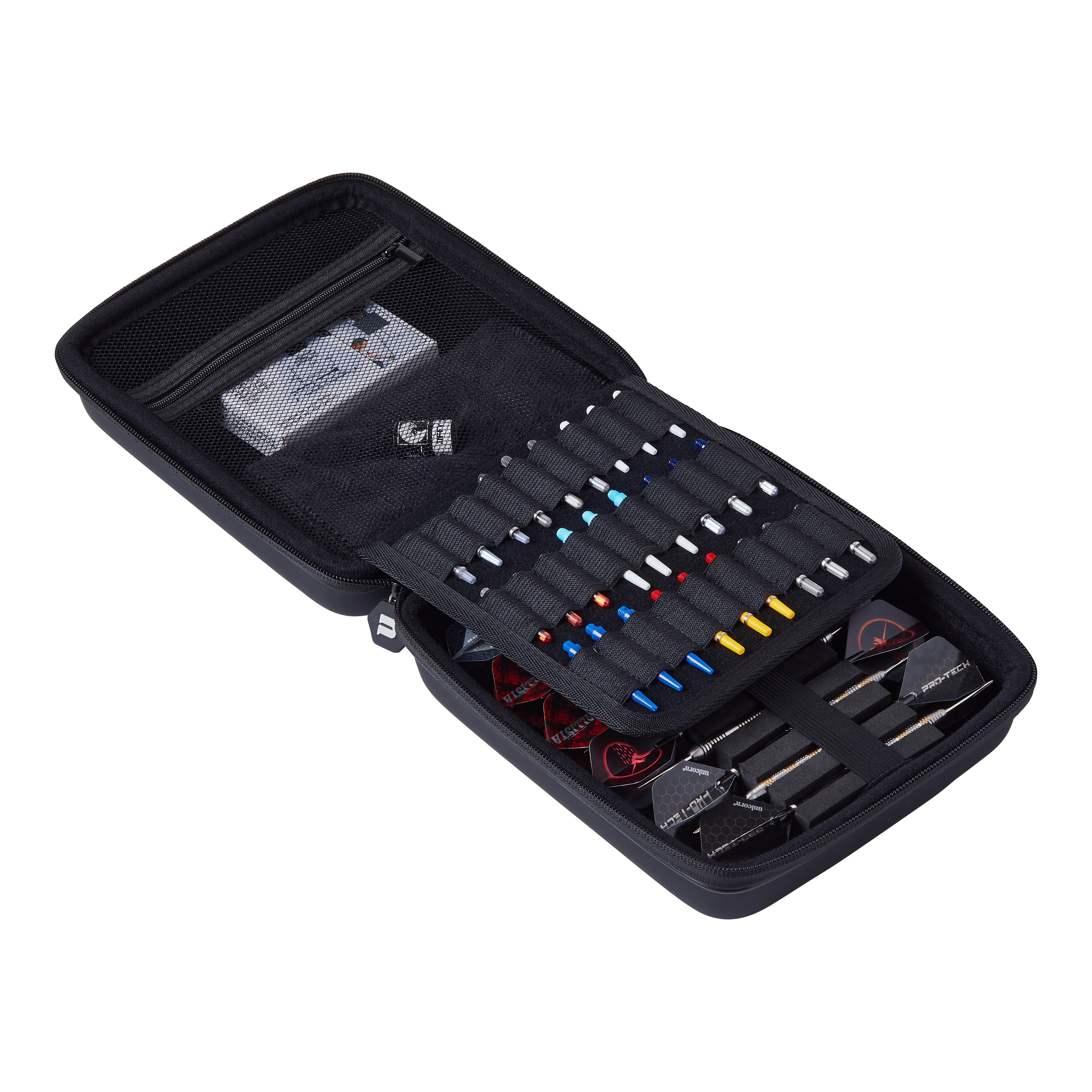 Estuche grande para dardos Unicorn Ultra 3UP - Negro Das Bild zeigt ein offenes schwarzes Dartcase namens "Unicorn Ultra 3UP Large Dartcase". Im Inneren sind verschiedene Dartpfeile, Ersatzteile und Zubehör ordentlich sortiert.