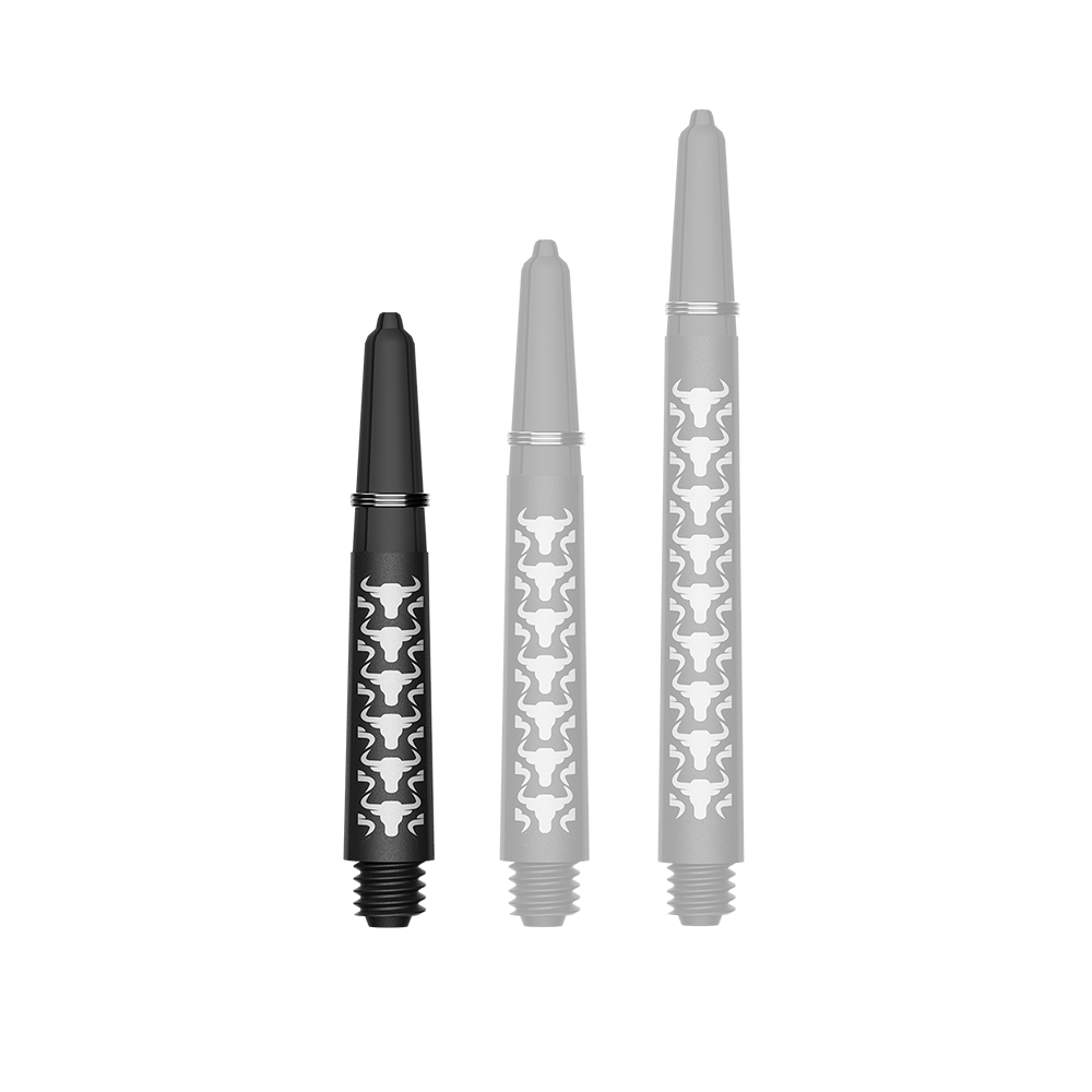 Das Bild zeigt einen kurzen weißen Carbon Shaft für Darts. Der Schaft ist etwa 34 mm lang und aus Kohlefaser.