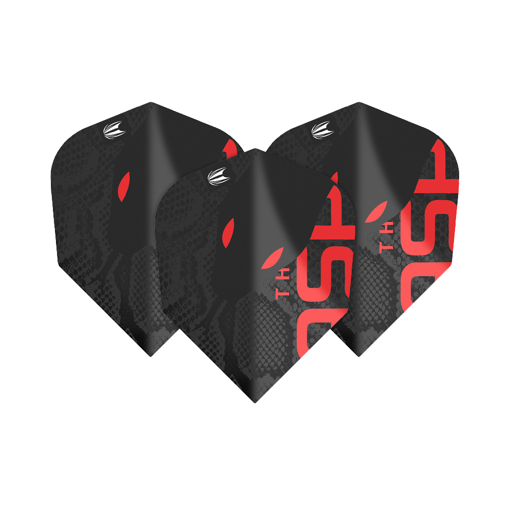 TG11_336950_Target_ProUltra_Nathan_Aspinall_80_Black_No6_Flights_186BSPH27vIDnv Das Bild zeigt drei schwarze Dart-Flights mit roten und weißen Designelementen. Es handelt sich um die "Target ProUltra Nathan Aspinall 80 Black No6 Flights".