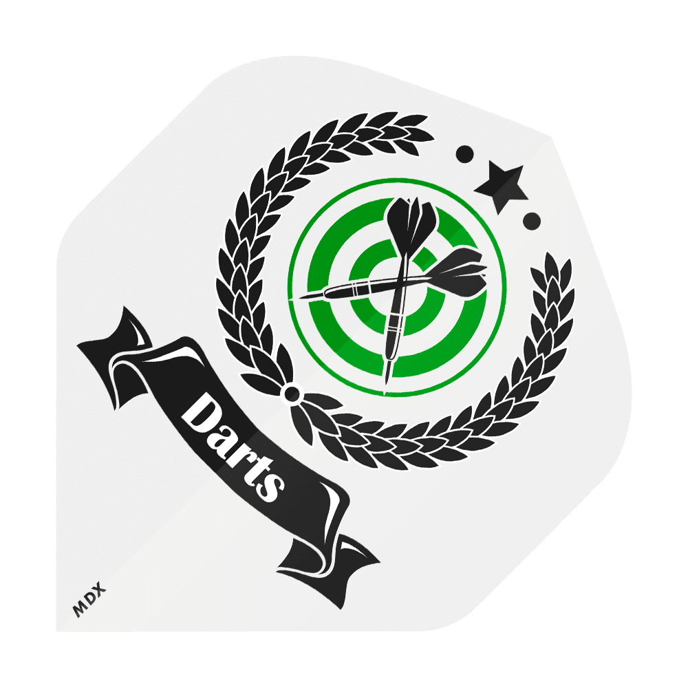 MD-401-4SLog_4-seitig_Bedruckte_Flights_Logo_MDX_2 Mehrere Dart-Flights mit farbigen Aufdrucken liegen nebeneinander. Das Logo ist in der Mitte der Flights platziert.