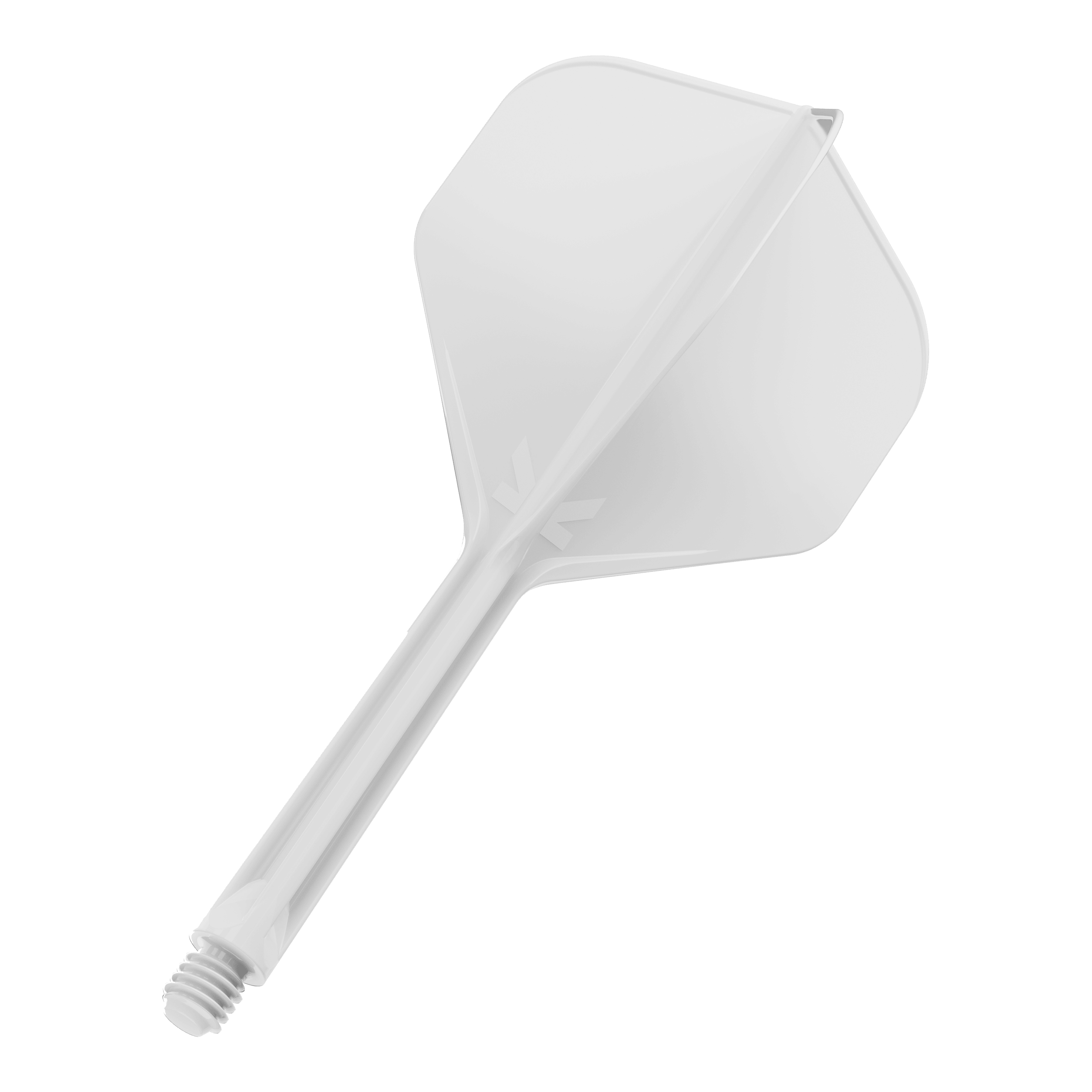 Target K-Flex No2 Standard Flight-System - Weiss Das Bild zeigt einen weißen Dartflügel mit integriertem Schaft. Der Schaft hat ein Schraubgewinde am Ende zur Befestigung am Dartpfeil.