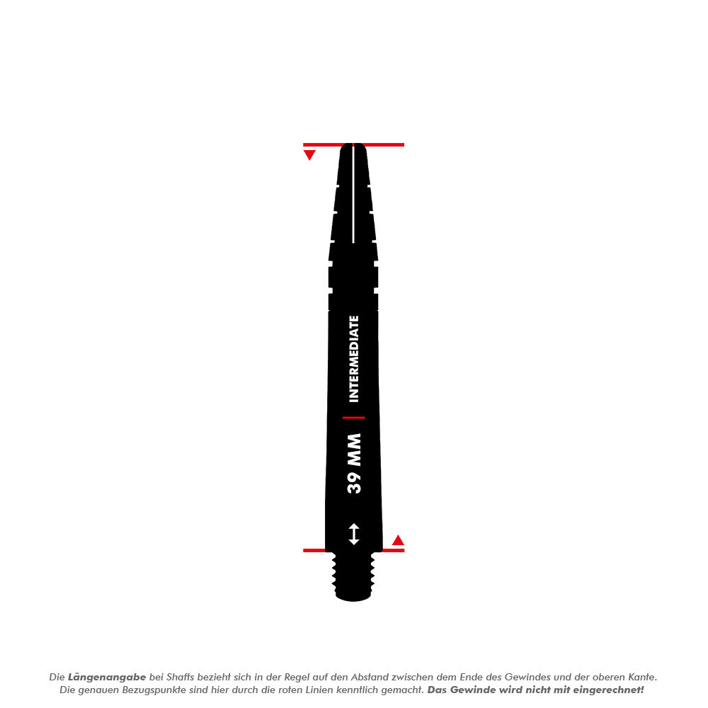 C818_Red_Dragon_Nitrotech_Gerwyn_Price_Shafts_Schwarz_5_39mm Dies ist ein Produktbild des "Red Dragon Nitrotech Gerwyn Price Shafts Schwarz" mit einer Länge von 39 mm. Die Abbildung zeigt die schwarze Dart-Schafte mit einer Markierung für die Länge.