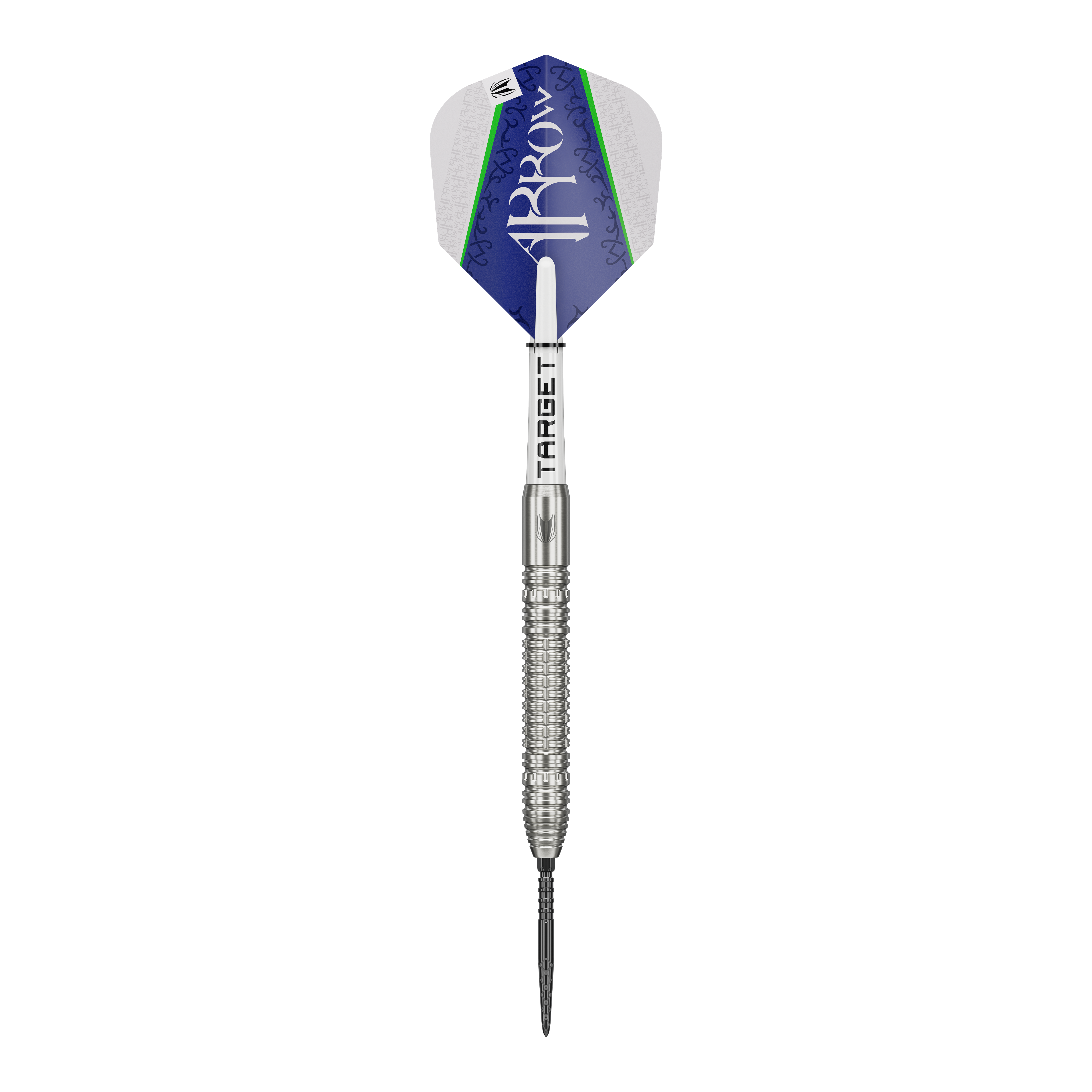 Dardos de acero Target Shane McGuirk GEN1 Swiss Point - 23 g Auf dem Bild ist der Target Shane McGuirk GEN1 Swiss Point Steeldart mit 23g zu sehen. Der Dartpfeil hat ein silbernes Griffstück und eine blau-weiße Flight mit grünem Akzent.