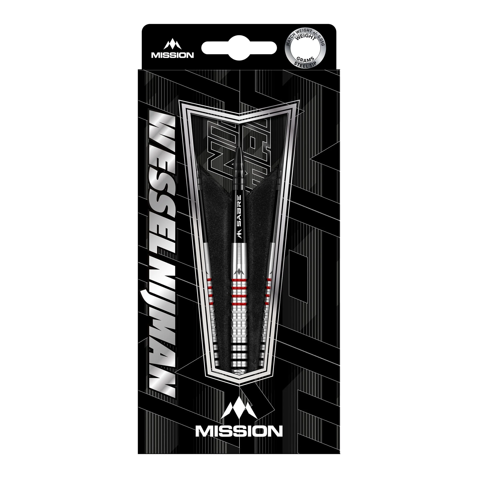 Mission Wessel Nijman steel darts - 23g Die Abbildung zeigt die Mission Wessel Nijman Steeldarts mit einem Gewicht von 23 Gramm in ihrer Verpackung. Die Darts sind silberfarben mit schwarzen und roten Akzenten gestaltet und tragen das Mission-Logo.