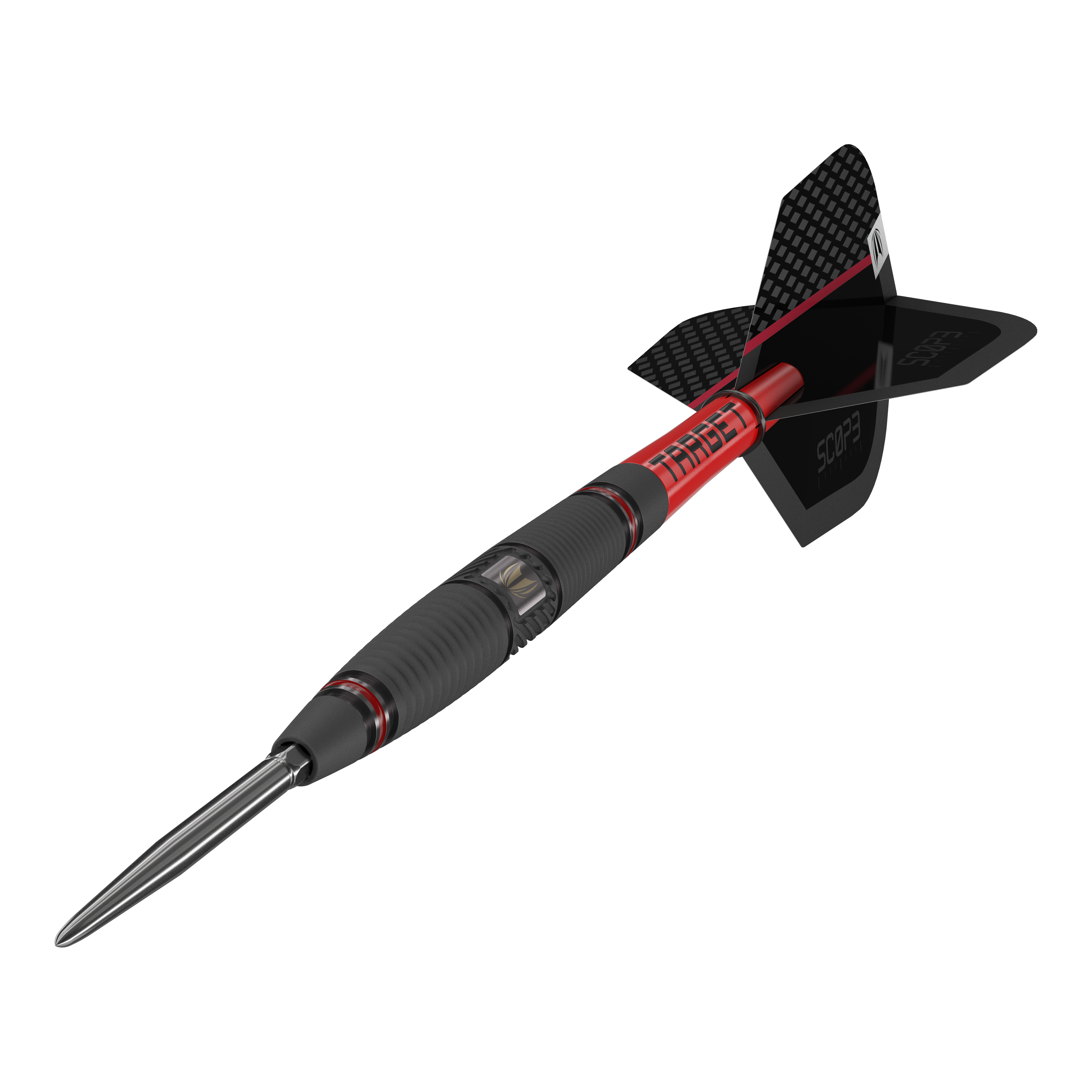 Dardos de acero Target Scope 04 Swiss Point Das Bild zeigt den Target Scope 04 Swiss Point Steeldart. Der Dart hat ein schwarz-rotes Design mit geriffeltem Griff und einer metallischen Spitze.