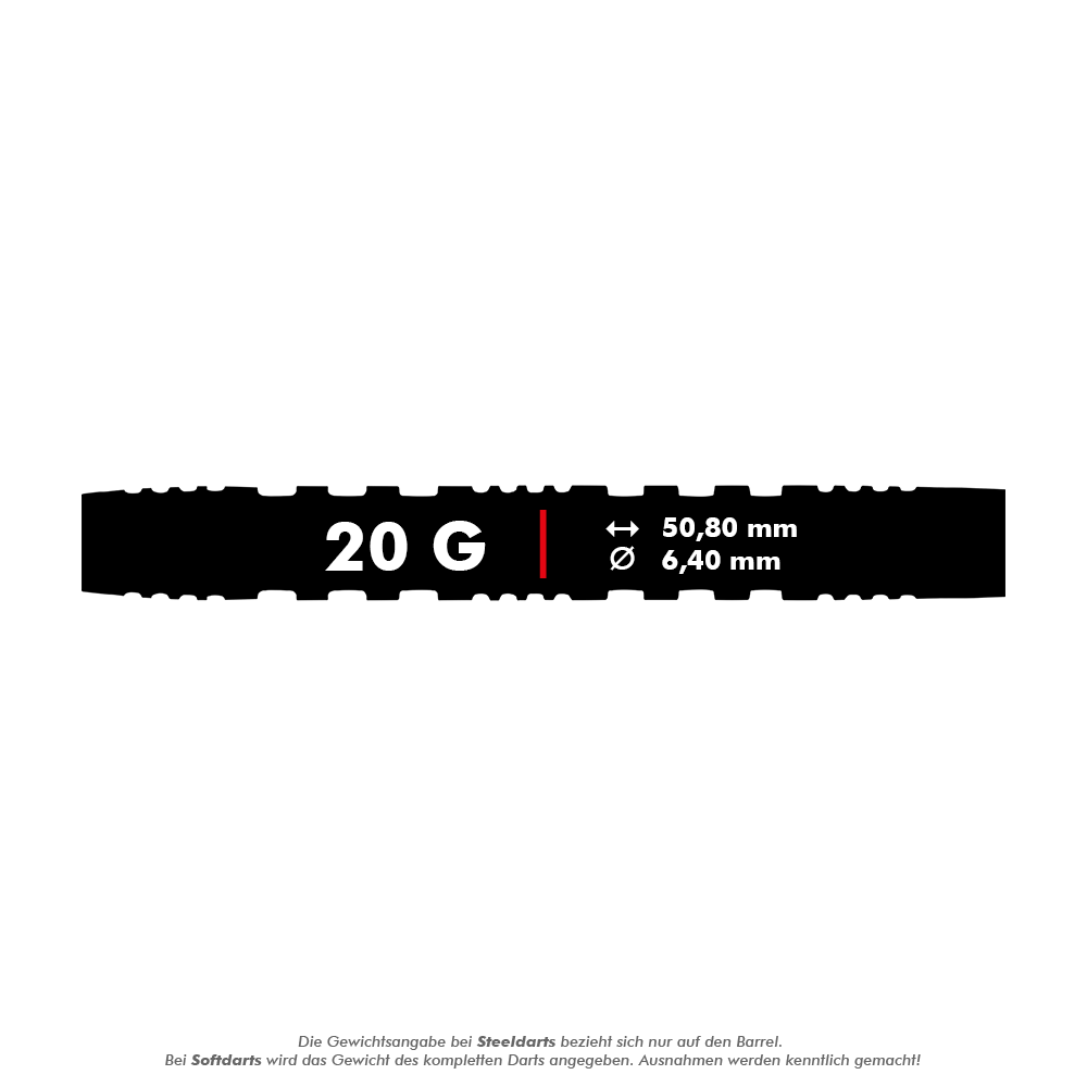 Winmau Danny Noppert 85 Pro-Series soft darts - 20g Das Bild zeigt die Maße und das Gewicht des Winmau Danny Noppert 85 Pro-Series Softdarts mit 20 Gramm. Der Dart ist 50,80 mm lang und hat einen Durchmesser von 6,40 mm.