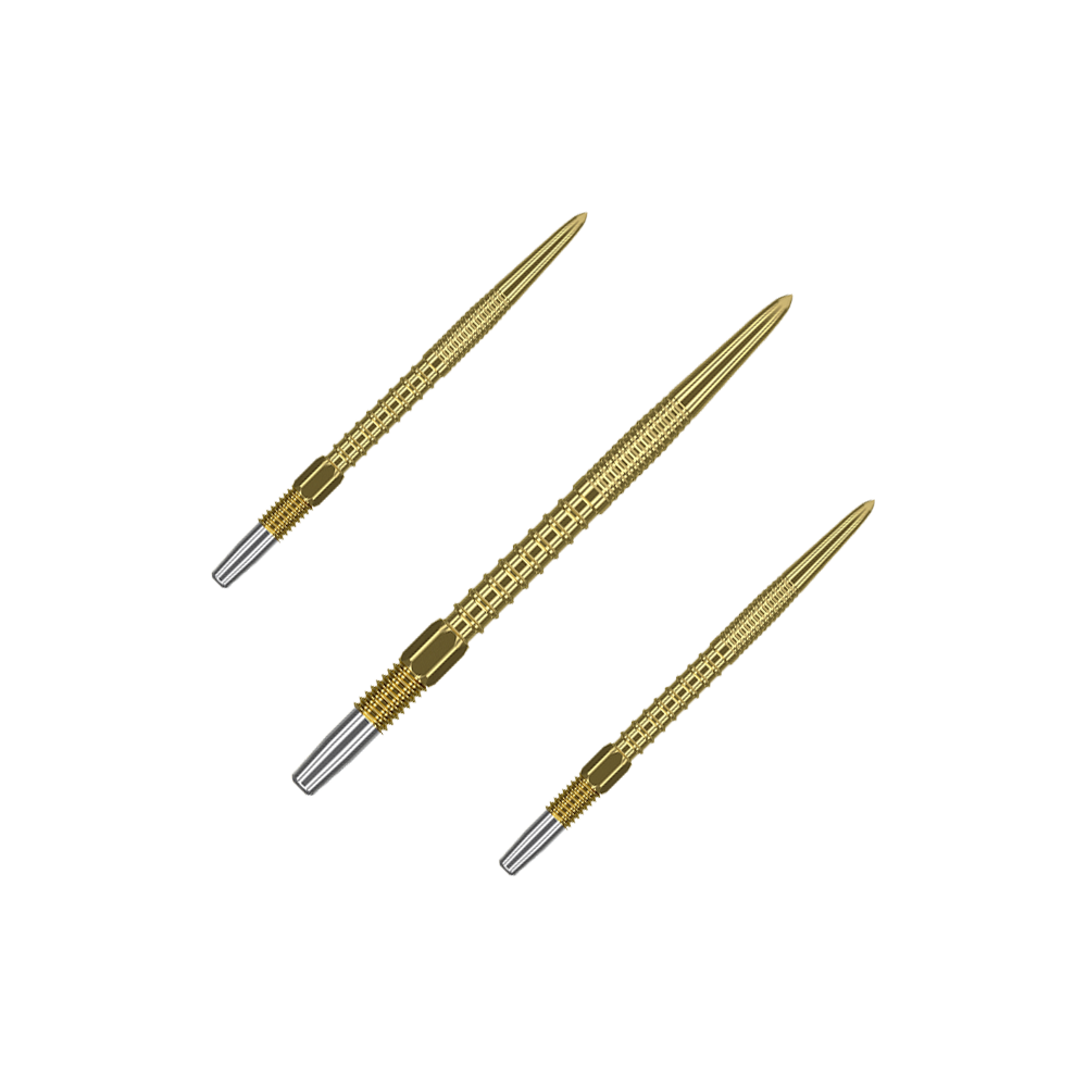 Puntas de dardos Target Swiss Firepoint Gold Das Bild zeigt drei goldfarbene Dartspitzen mit silbernem Gewinde am Ende. Sie sind schlank und haben eine strukturierte Oberfläche für besseren Halt.