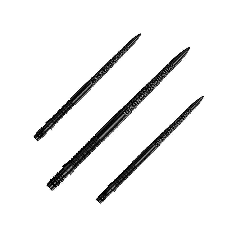 Ein Set schwarzer Dartspitzen ist zu sehen. Die Dartspitzen sind Mission R25 Rapid Point DSX mit einer Länge von 40mm.