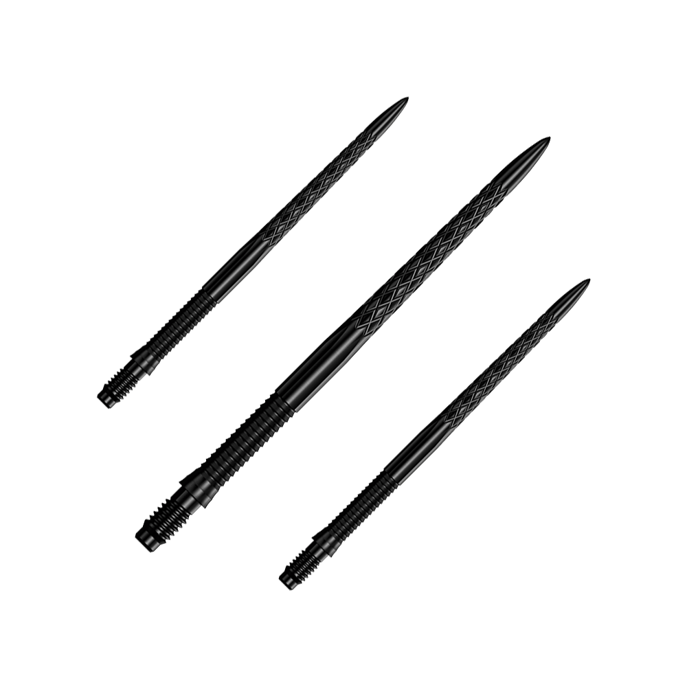 Mission R2.5 Rapid Point DSX Dartspitzen - Schwarz Ein Set schwarzer Dartspitzen ist zu sehen. Die Dartspitzen sind Mission R25 Rapid Point DSX mit einer Länge von 40mm.