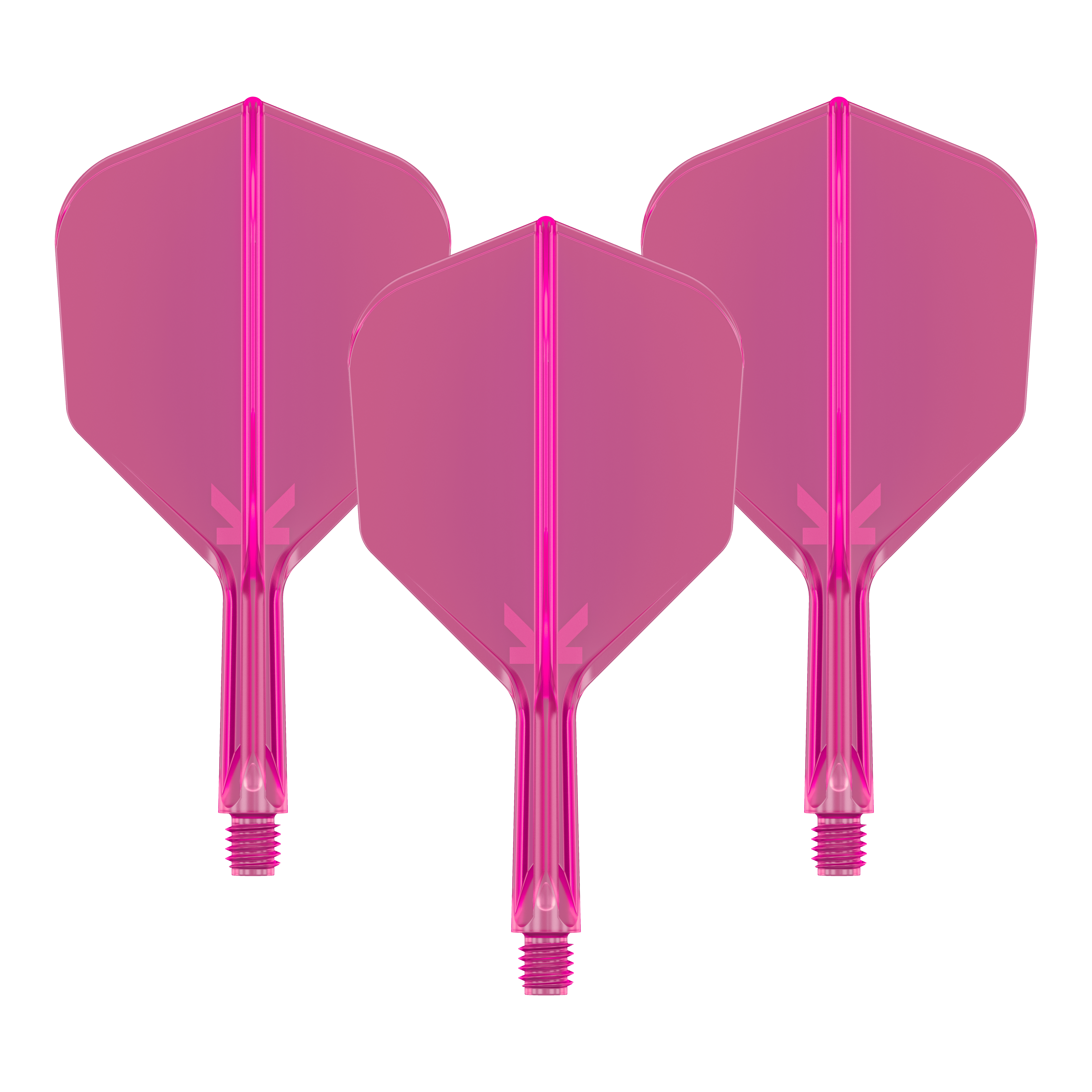 Letový systém Target K-Flex No6 - neonově růžový Das Bild zeigt drei neonpinke Dart-Flights mit angesetzten Schäften. Sie sind nebeneinander angeordnet und haben ein transparentes Design.