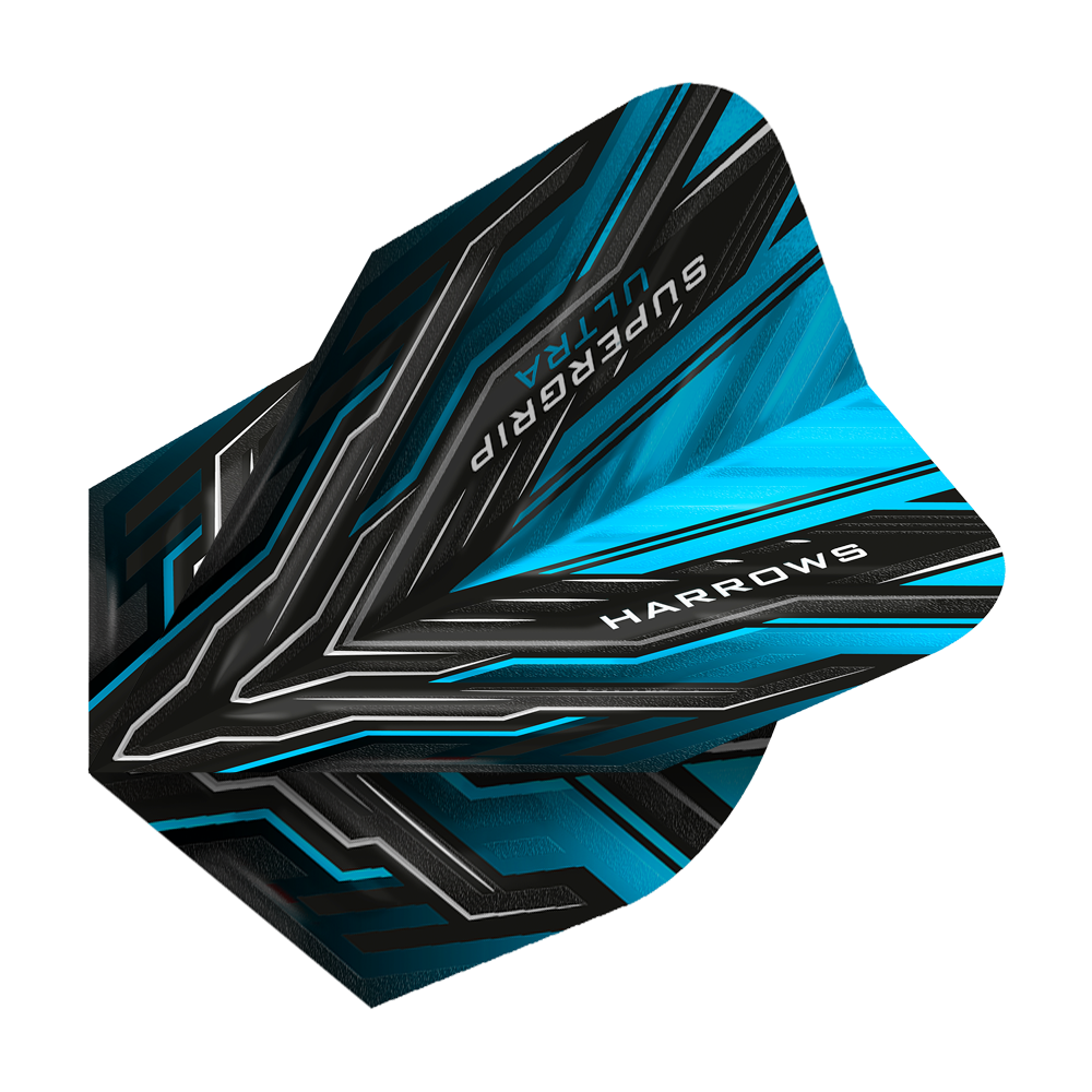 HR10_Harrows_Supergrip_Ultra_Aqua_Standard_Flights_2 Das Bild zeigt das Produkt "Harrows Supergrip Ultra Aqua Standard Flights". Die Dart-Flights sind überwiegend schwarz und blau mit modernen, grafischen Mustern.
